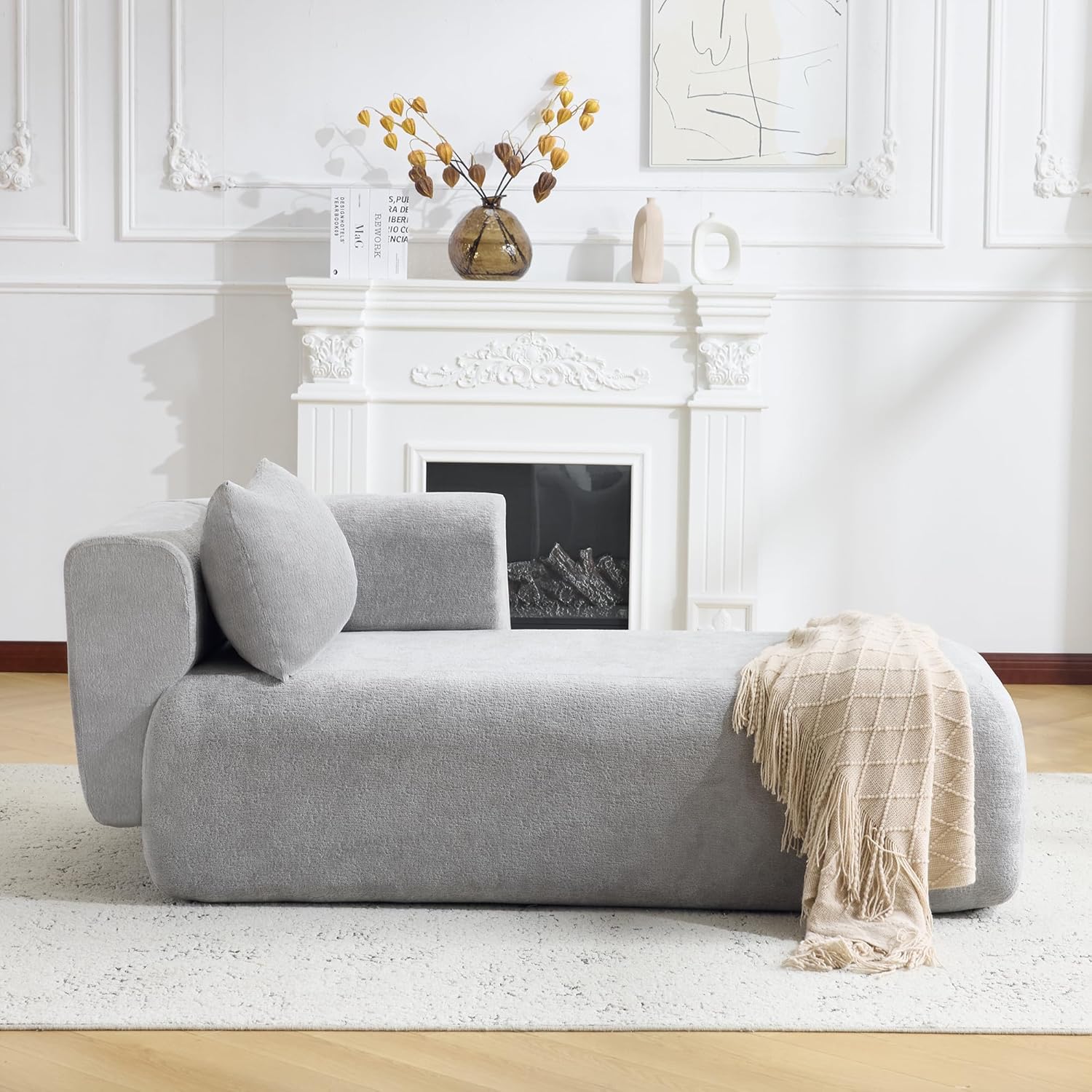 Bezseller Boucle Upholstered Chaise Lounge Indoor, Comfy Fluffy Lounge Sofa with 1 Pillow Modern Leisure Sleeper Sofa for Living Room Bedroom Office(Right Arm Facing, Light Grey)