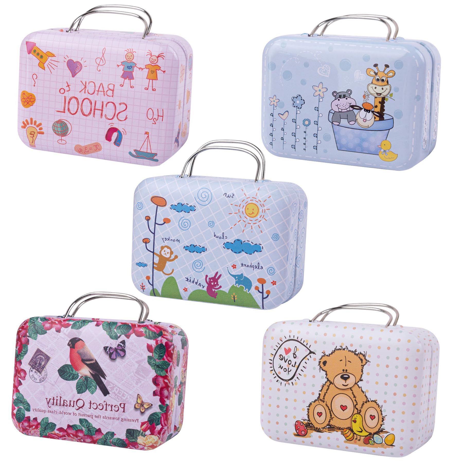 Amazon.com: AUEAR, 5 Pack Vintage Mini Suitcase Boxes Candy Box Tin Plate  Gift Coin Storage Container with Hinged Lids for Party Wedding Decoration  (Style C) : Home & Kitchen
