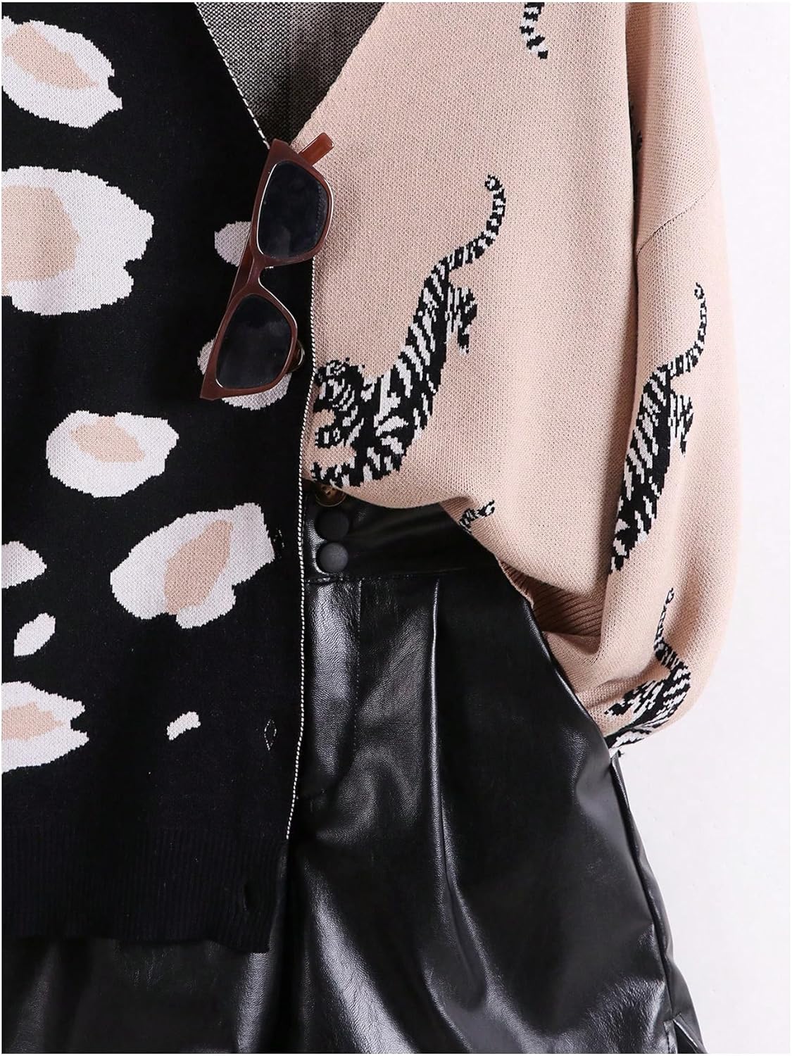 Leopard Cardigan for Women Tiger Print Button Down Color Block V Neck Sweaters Long Sleeve Lightweight Outwear - Image 2