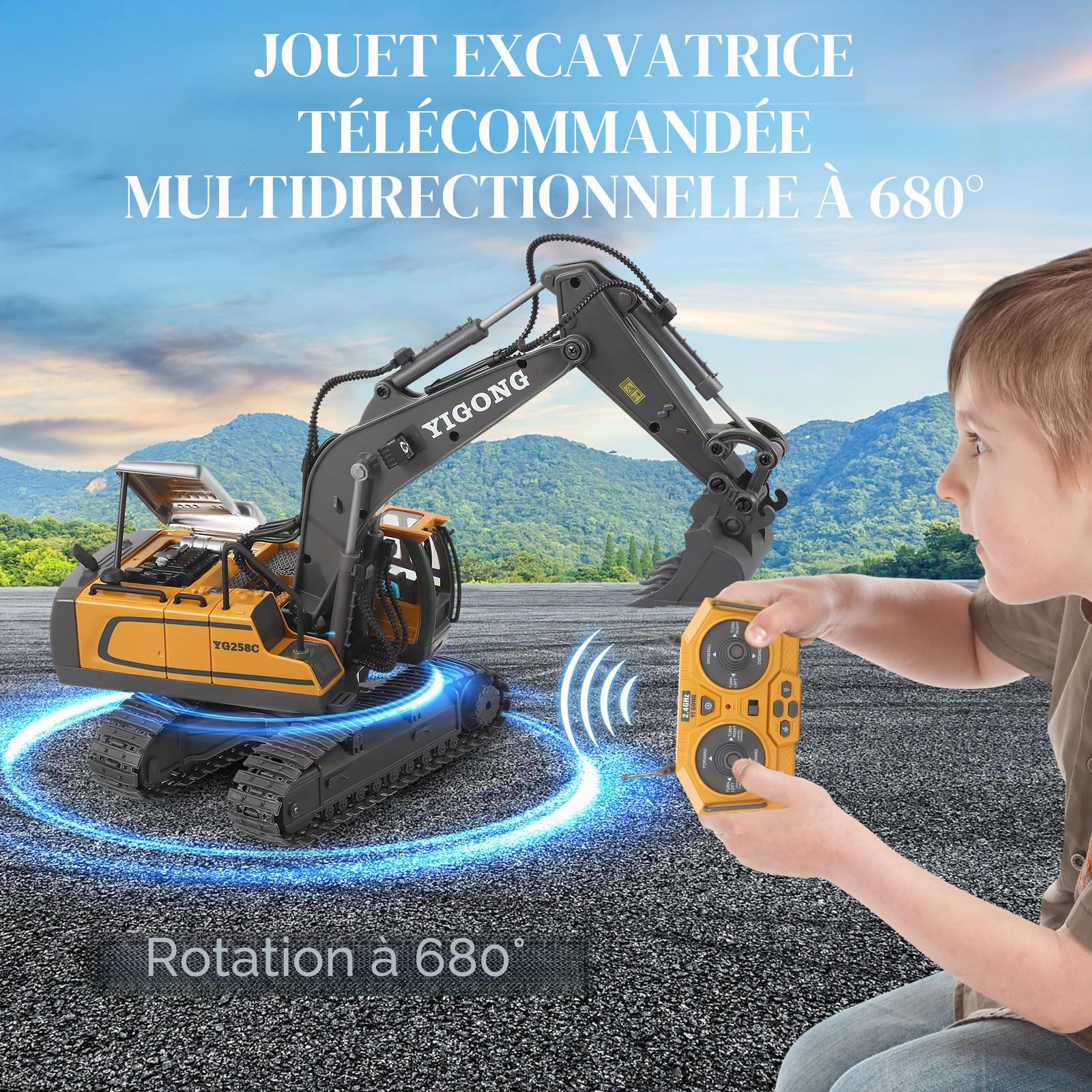 Pelleteuse télécommandée avec télécommande avec lumière et son pour garçons de 3 à 12, 2,4 GHz, en métal, avec pelle en alliage et rotation à 680°, cadeau d'anniversaire, de Noël