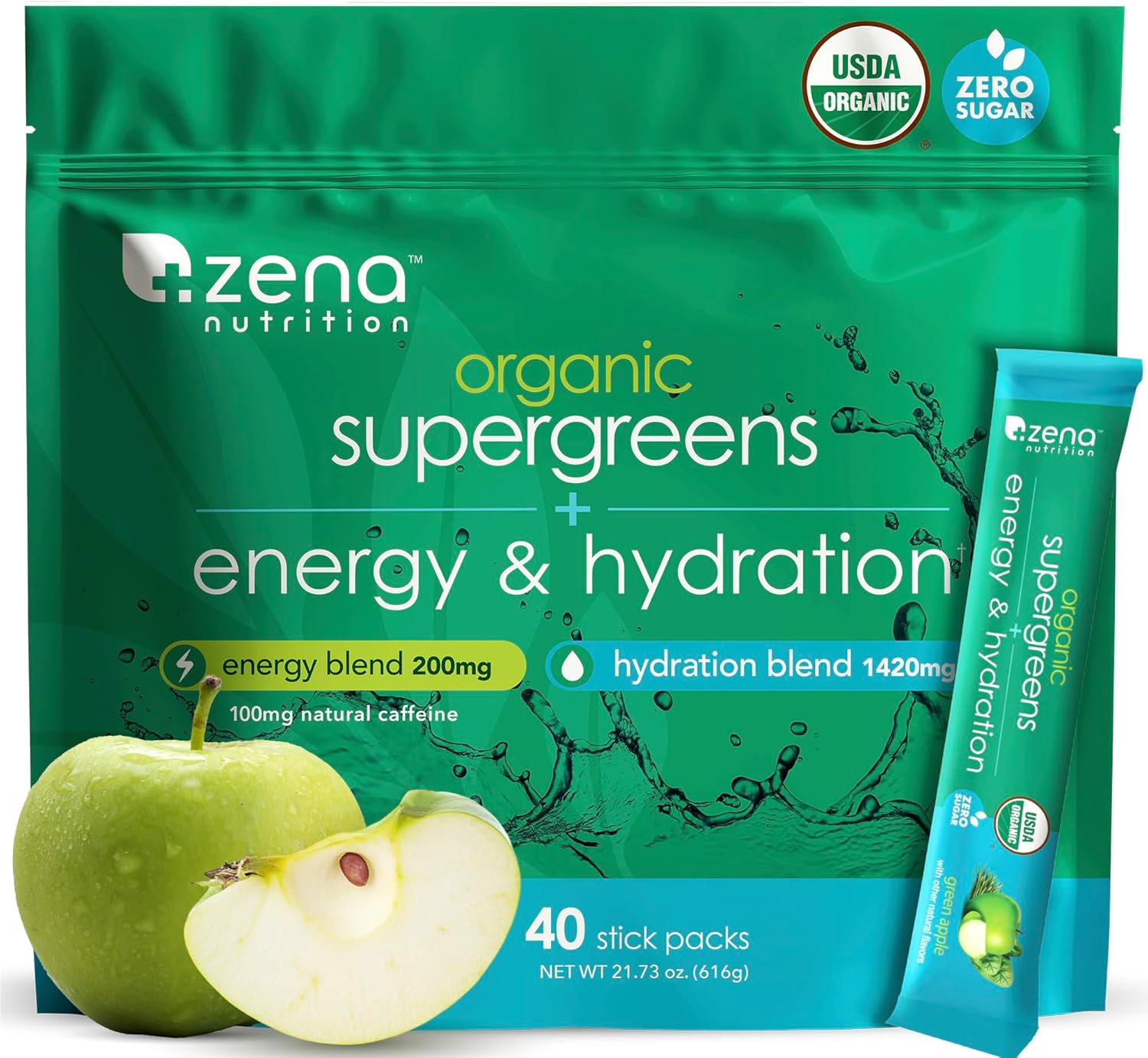 Zena Nutrition Organic Super Greens Energy & Hydration Powder, 70+ Superfoods, 0 Sugar, 5G Fiber, Spirulina, Chlorella, Prebiotics/Probiotics, Natural Caffeine + Electrolytes, 40 Drink Mix Packets