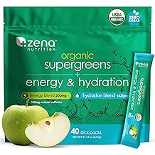 Zena Nutrition Organic Super Greens Energy &amp; Hydration Powder, 70+ Superfoods, 0 Sugar, 5G Fiber, Spirulina, Chlorella, Prebiotics/Probiotics, Natural Caffeine + Electrolytes, 40 Drink Mix Packets
