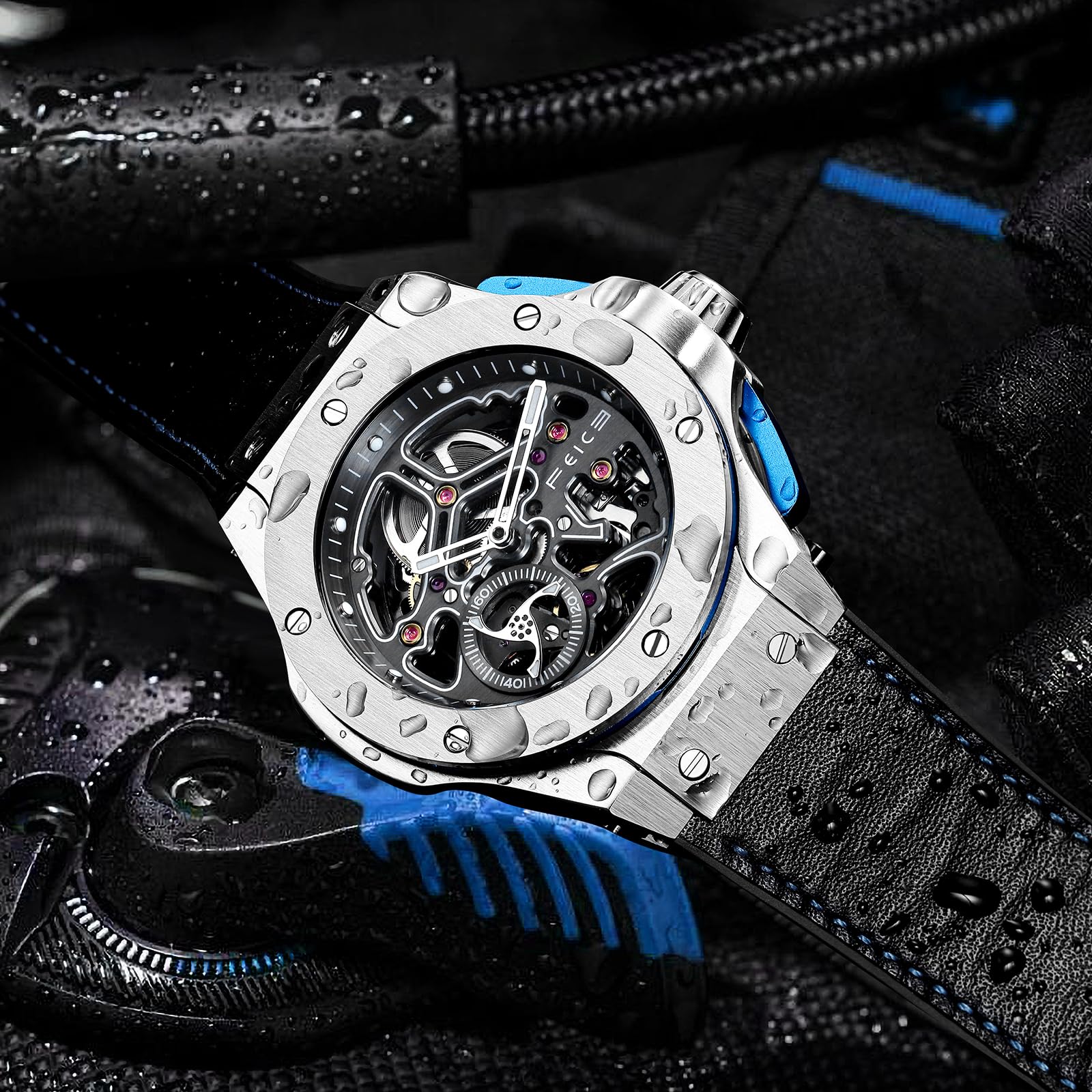 FEICE FM701 Skeleton Automatik Uhr Herren Analog mit Saphirglas Ø42,5mm | Automatikwerk, Armbanduhr für Männer, Schwarzes Silikonarmband