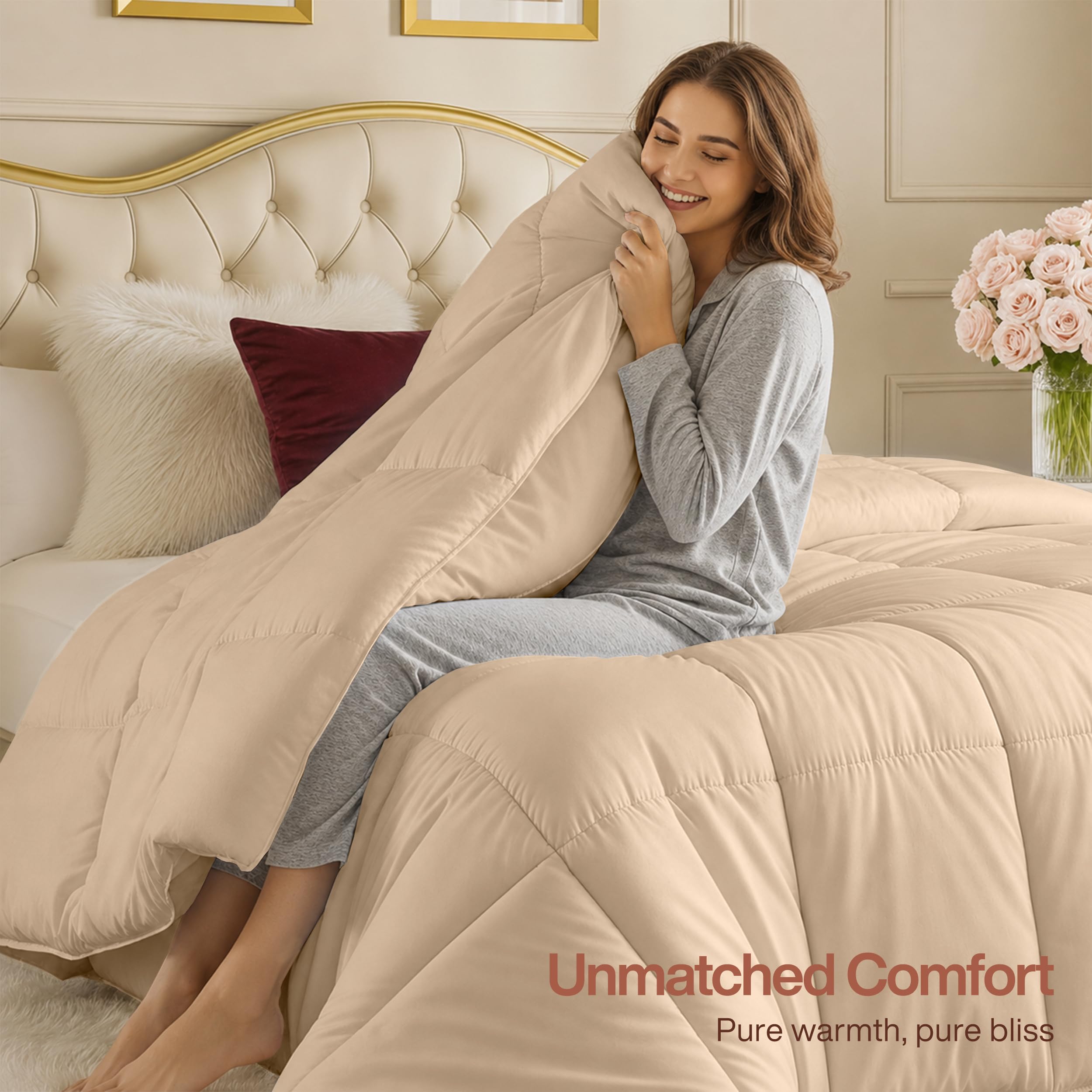 Utopia Bedding Couette Toutes Saisons 250 g/m² – Couette en Fibre siliconée pour très Grand lit – Coutures carrées – Beige