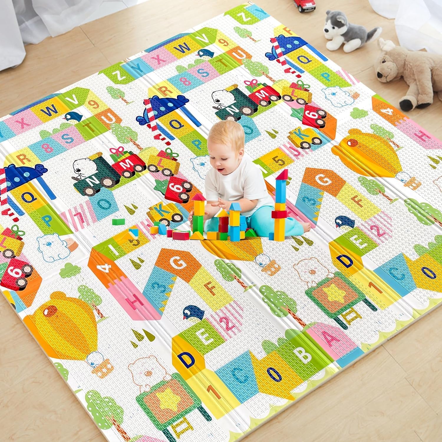 TARKAN Extra Large Reversible Baby Play Mat, BPA Free Learning & Crawling Foldable Foam Mat (6.5x5 ft, 0.6cm Thickness) Alphanumeric-Giraffe