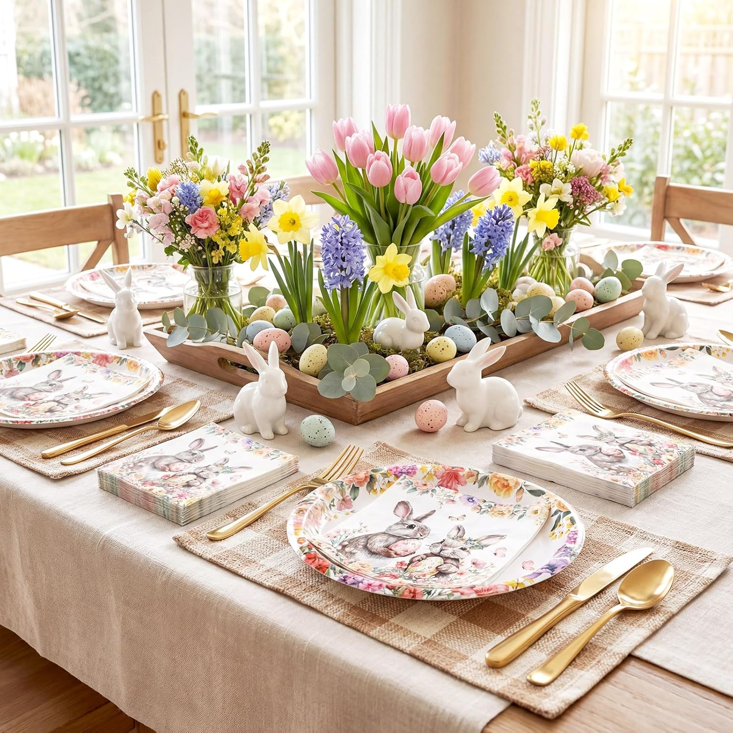 Mimorou 100 Pcs Happy Easter Oval Paper Plates and Napkins-serves 50, 11'' Large Disposable Bunny Platter Party Decorations Elegant Rabbits Flower Plates Dinnerware for Spring Easter Party Supplies