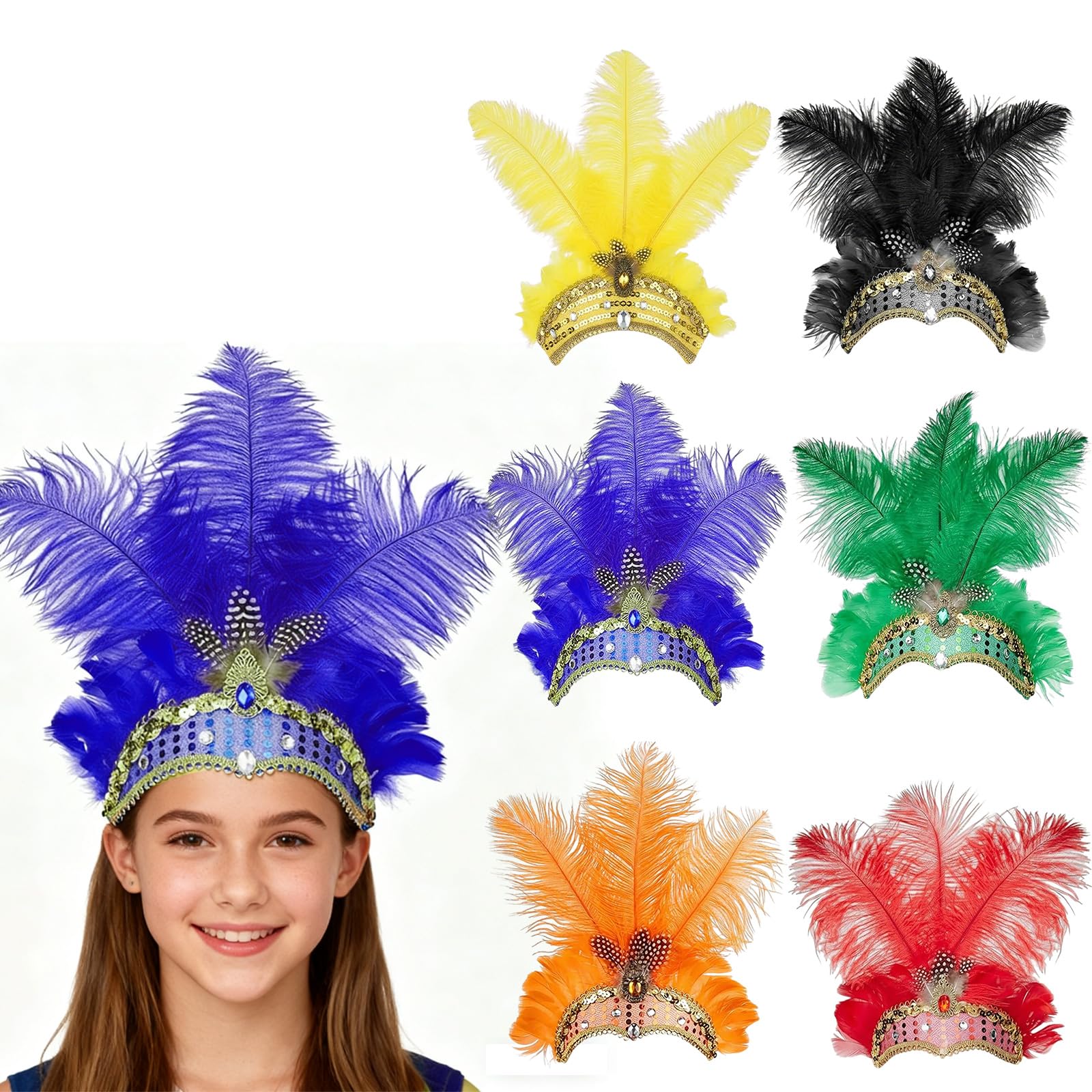 FUNLOV Feather Headpiece for for Women Girls, Women's Carnival Feather Headpieces Sequin Headdress for Wedding, Masquerade Party, Cosplay, Showgirl Headbands Accessories (Blue)