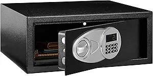 Amazon Basics Steel Security Safe and Lock Box with Programmable Electronic Keypad, Secure for Cash, Jewelry, Documents, Black, 0.7 Cubic Feet, 16.9-x-14.6-x-7.1-inches (WxDxH)