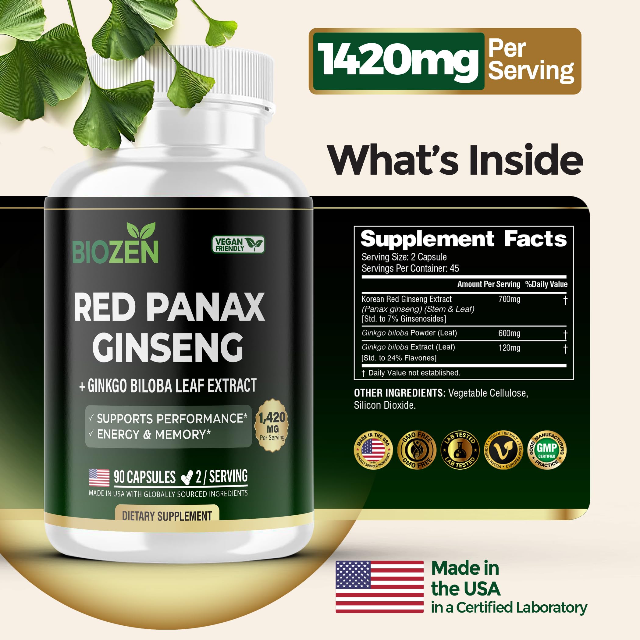 Korean Red Panax Ginseng 700mg + Ginkgo Biloba 720mg | 7% Ginsenosides Root Extract | Supports Energy, Focus & Mental Clarity | Adaptogen Supplement for Men & Women | 90 Vegan Capsules — Amazon image 8