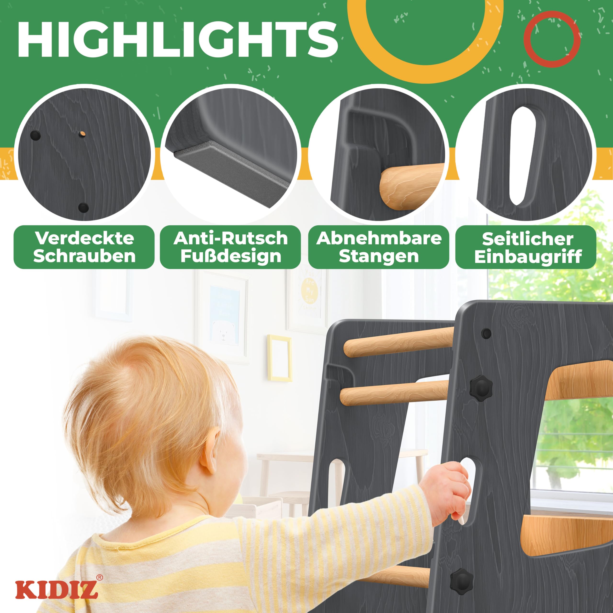 KIDIZ® Lernturm für Kinder ab 1 Jahr inkl. Lernuhr | 3-stufig Höhenverstellbarer Tritthocker aus Kiefernholz | spielerisch motorische Fähigkeiten fördern Montessori Learning Tower bis 50 kg belastbar