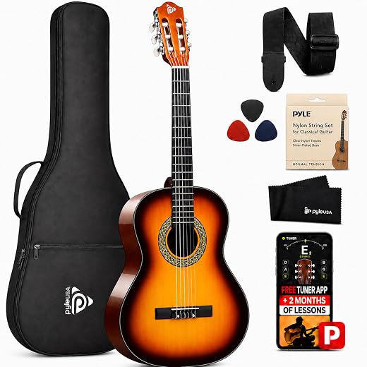 Beginner 36” Classical Acoustic Guitar - 3/4 Junior Size 6 String Linden Wood Guitar w/Gig Bag, Nylon Strings, Picks, Strap, For Beginners, Adults (Sun Burst)