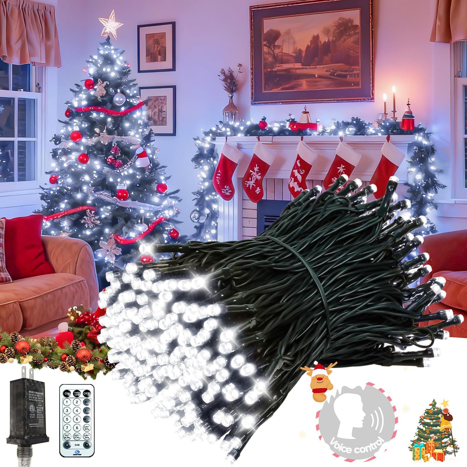 Voice Control 88Ft 240LED Christmas String Lights with Remote, Cool White