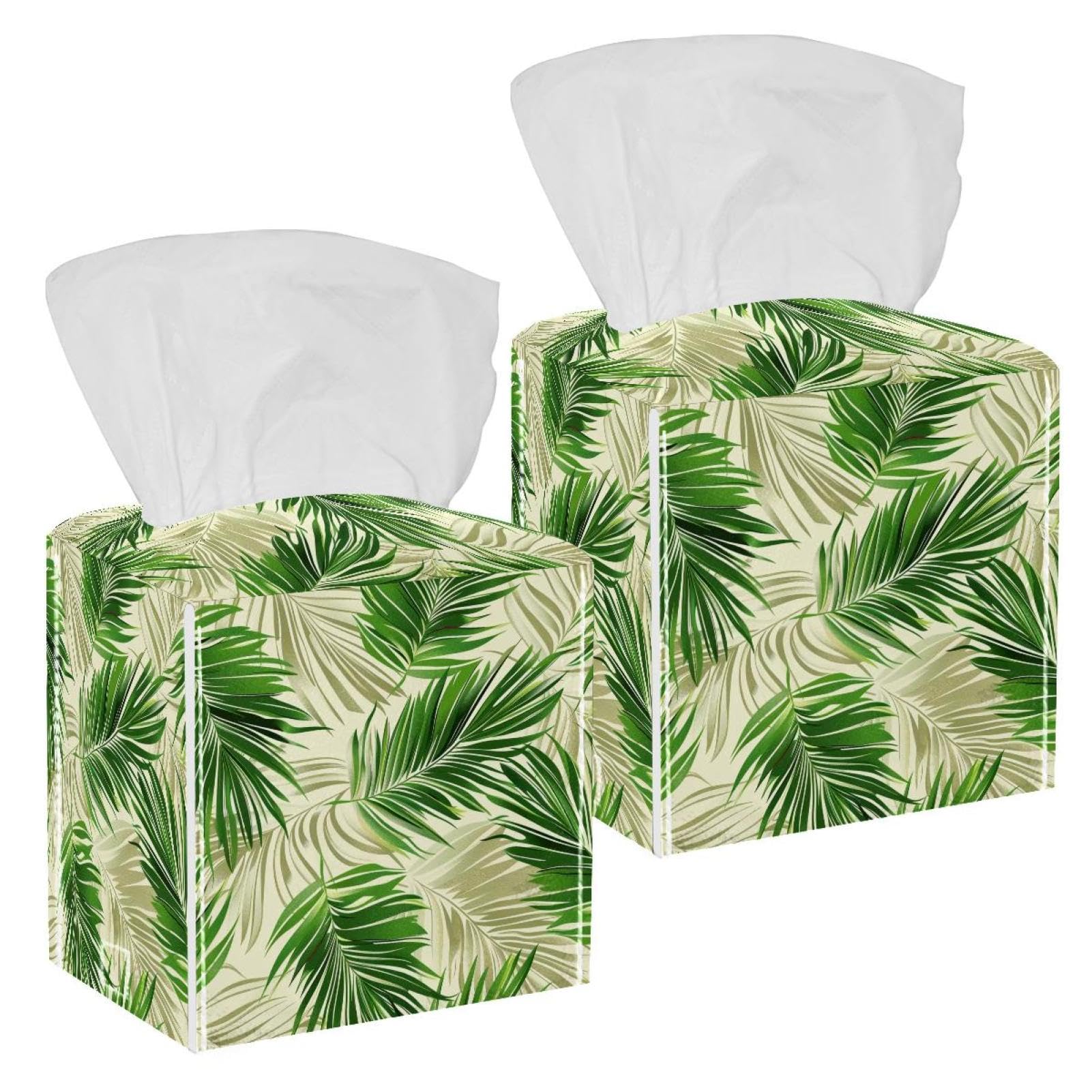 Leaves Tissue Box Cover, 2 Pack PU Leather Square Facial Tissue Dispenser Box holder for Home Office Car