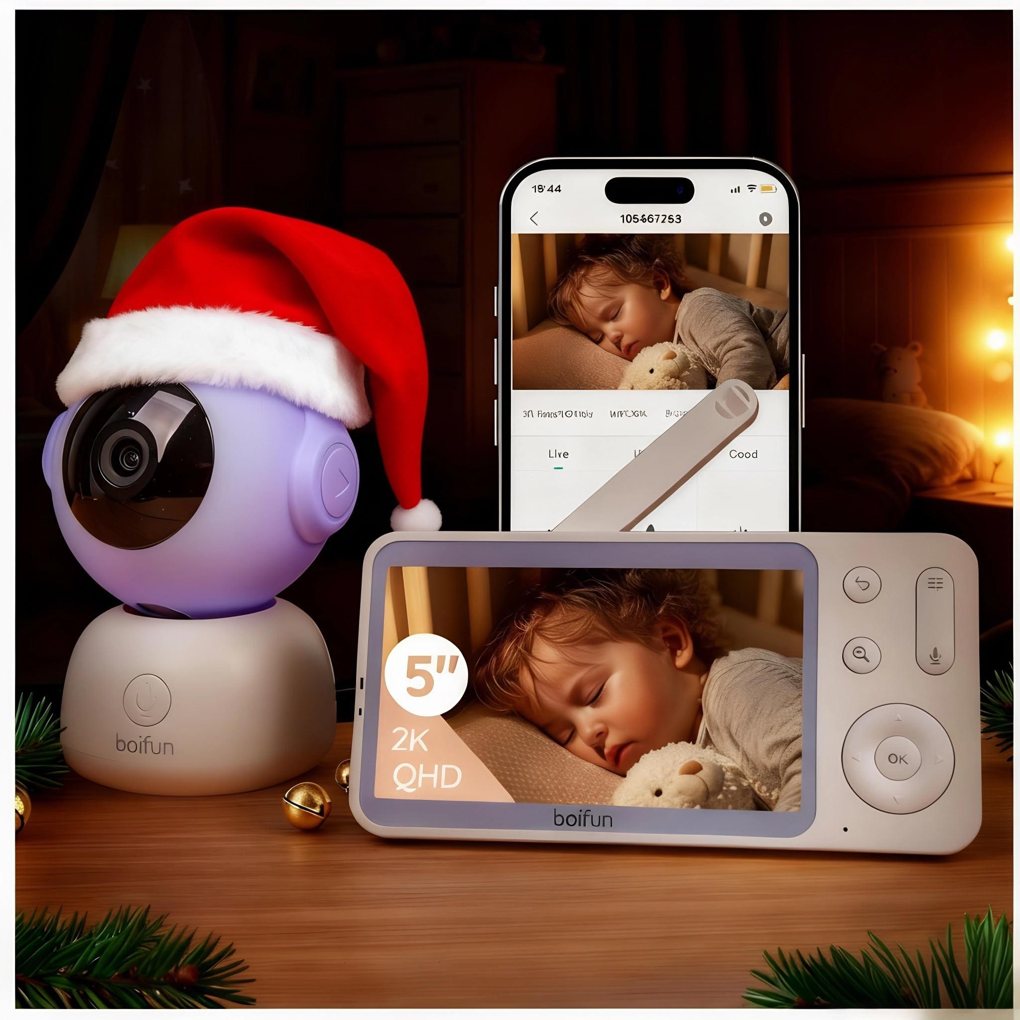 Boifun Video Baby Monitor WiFi 2K con Display 5”, Doppio Controllo (App e Monitor), Visione Notturna Senza Disturbi, Rilevamento Pianto/Movimento/Temperatura/Umidità, 360° Rotazione, 19h Autonomia