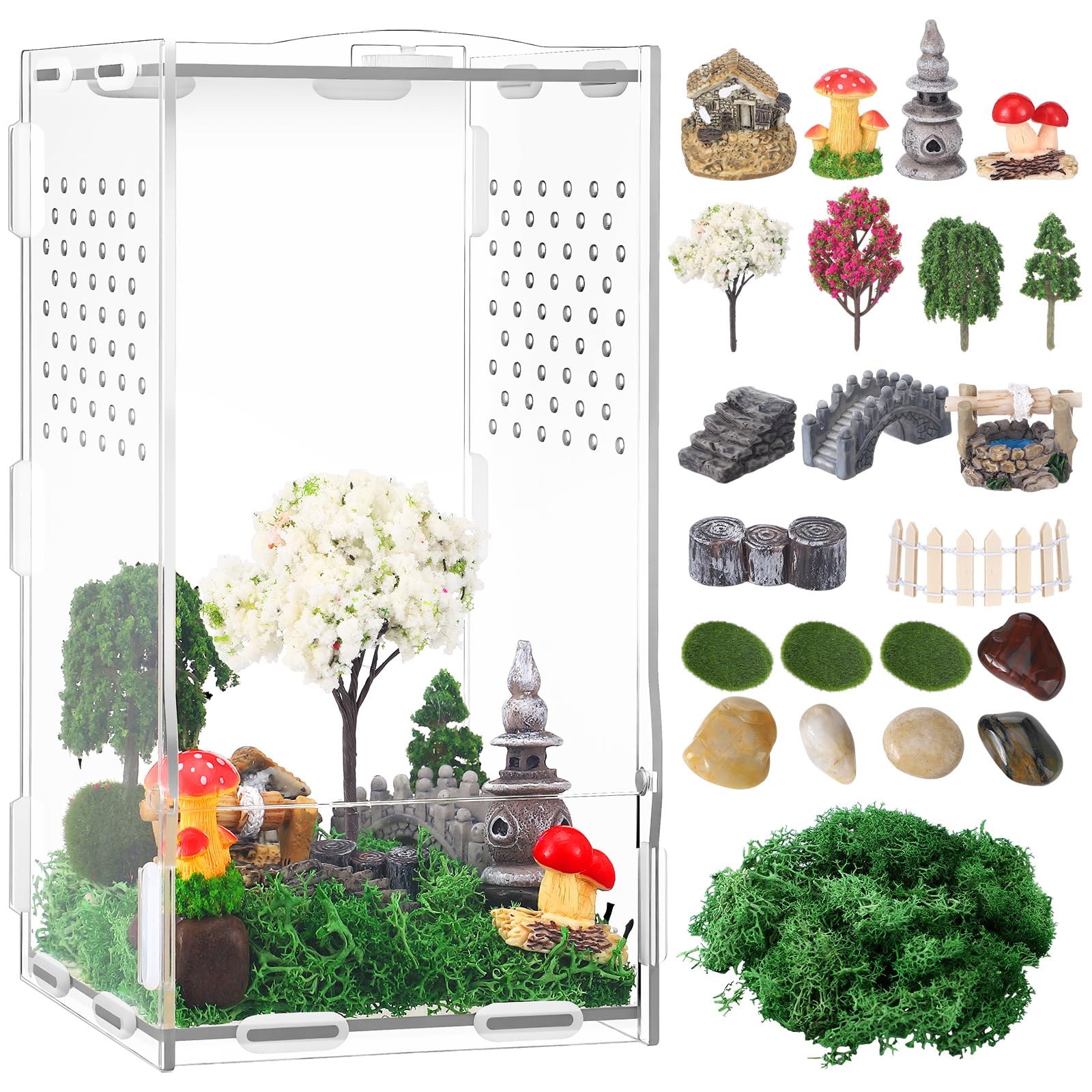 RoundFunny 23 Pcs Jumping Spider Enclosure and Habitat Miniatures Figurines Set Clear Acrylic Enclosure Mini Jumping Spider Accessories for Habitat Decorations Garden Figurines(Moss)
