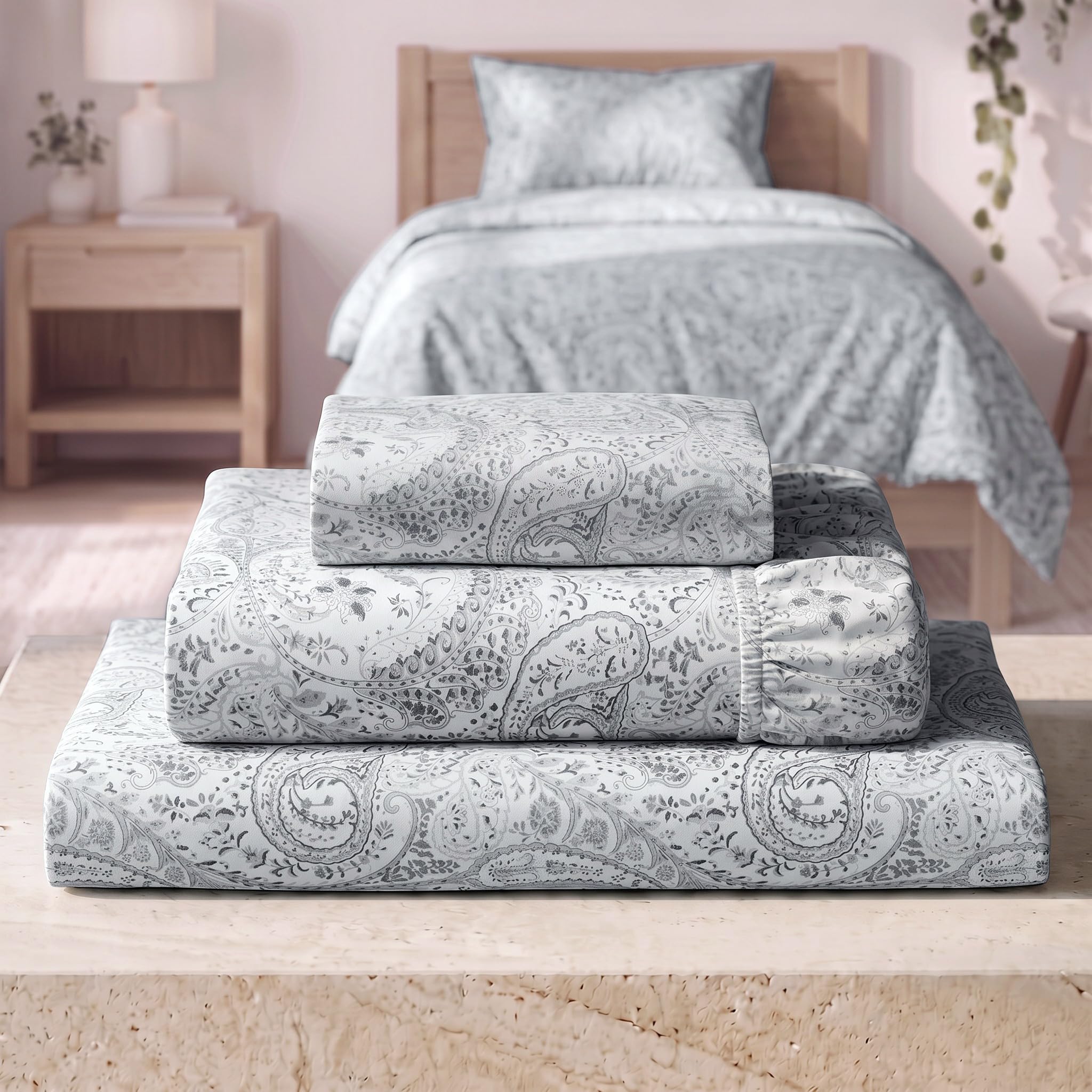 Mellanni Iconic 3-Piece, Ultra Soft Sheet Set (Twin, Paisley Gray)