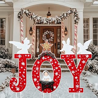 Joy Christmas Decorations Outdoor Yard, 7 PCS Joy Sign Christmas Outdoor, Perfect for Lawns, Courtyards, Gardens, and Wall Decorations. 14.6 inches, Nativity Scene Set, Red/White
