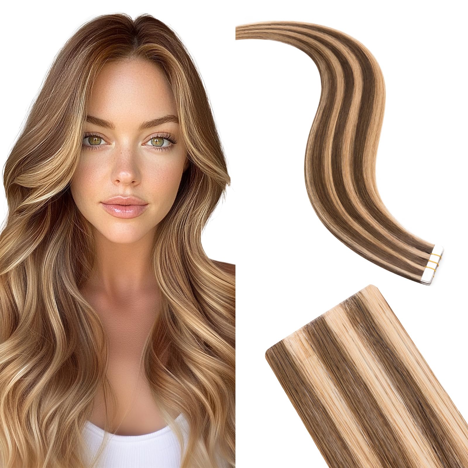 Silk-co Przedłużenia z naturalnych włosów do przyklejenia, niewidoczna taśma klejąca, włosy ludzkie, balejaż, 10 szt., 25 g, 55 cm, #4P27 Kasztan i ciemny blond