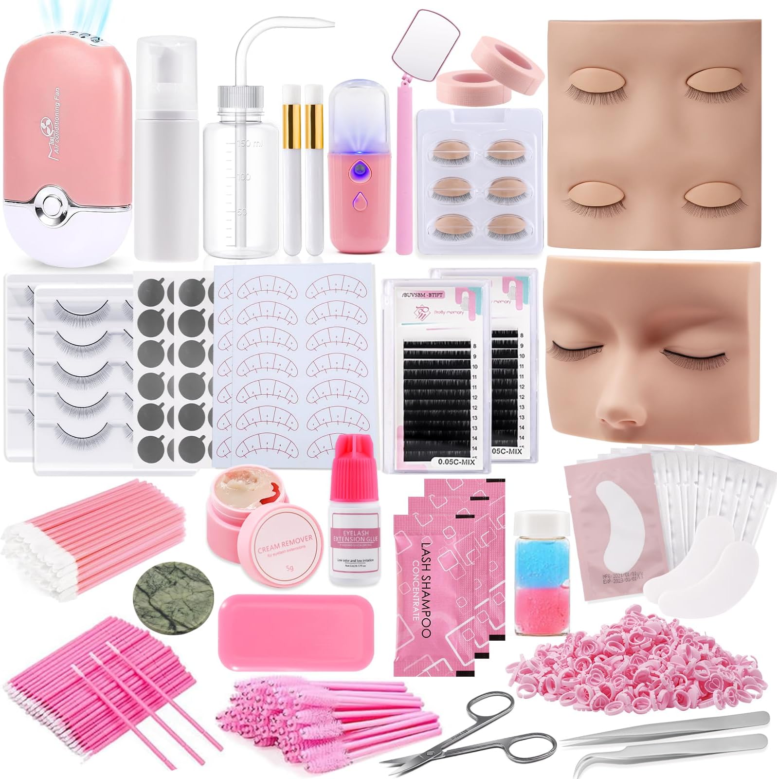 Pretty memory Eyelash Extension Kit for Beginners, 343 Pcs Lash Extension Kit with Everything Includes 2 Mannequin Heads Facial Mister Tweezers Glue USB Fan for Practice Training