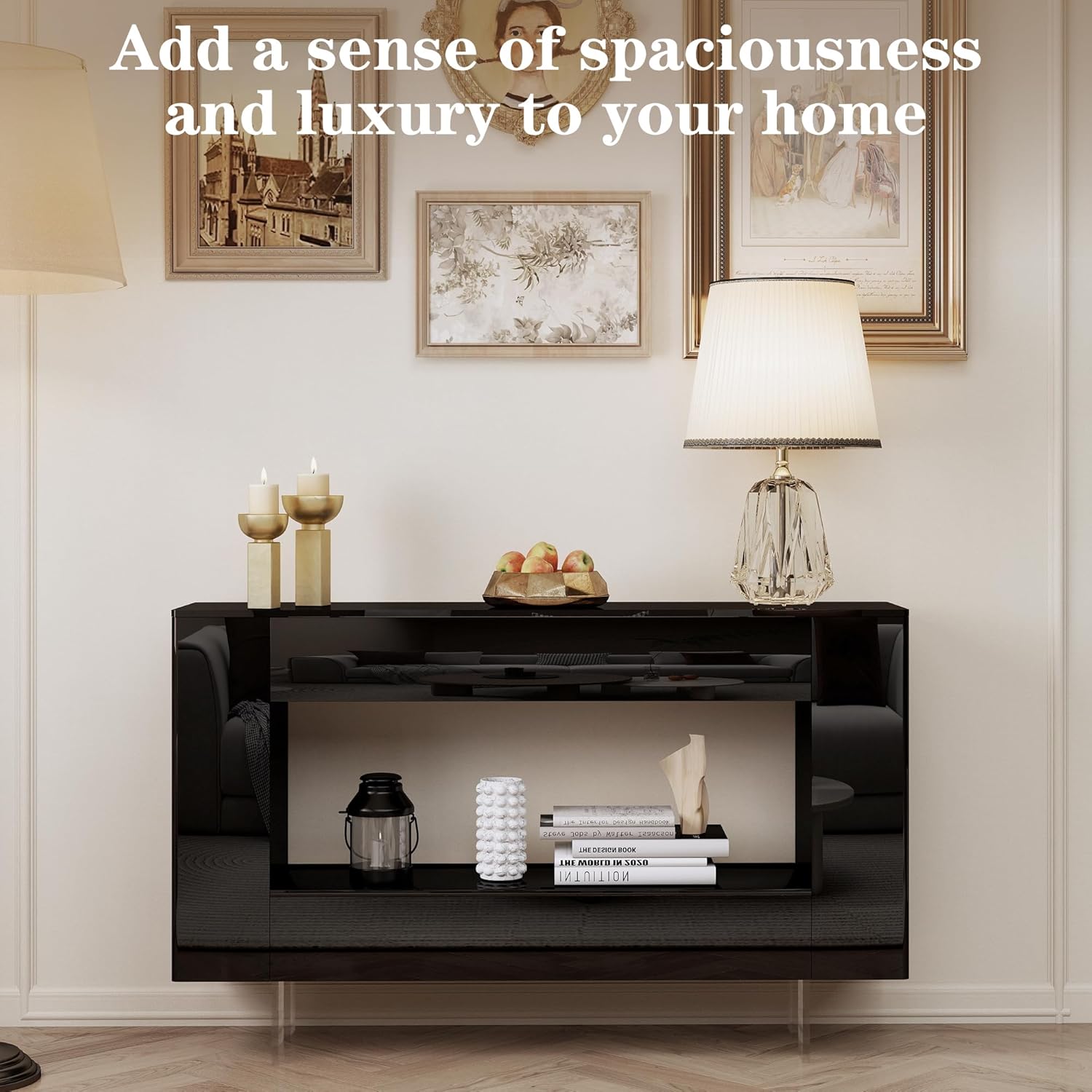 47" High Gloss Console Table with Hidden Side Storage Cabinets, Adjustable Shelves, Modern Black Entryway Sofa Table for Behind The Couch, Living Room, Hallway, Black