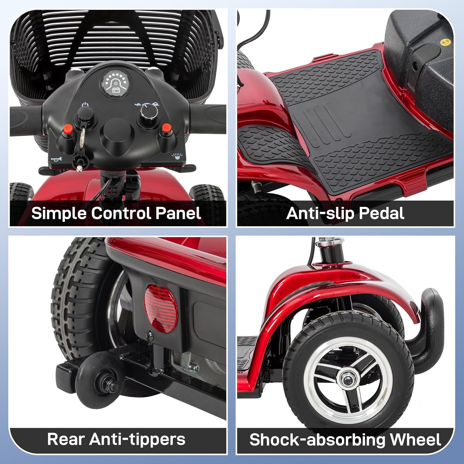 Detallada view of scooter components: Control Panel, Pedal, Anti-tippers, Wheel