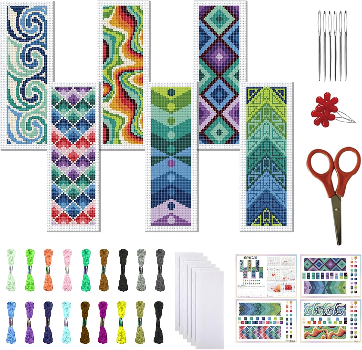 FREEBLOSS 6 Set Cross Stitch Bookmark Kit 11CT DIY Cross Stitch Kits Mixed Pattern Stamped Embroidery Kit with Instructions Bookmark Making Set for Adult Beginners 8x2.4inch