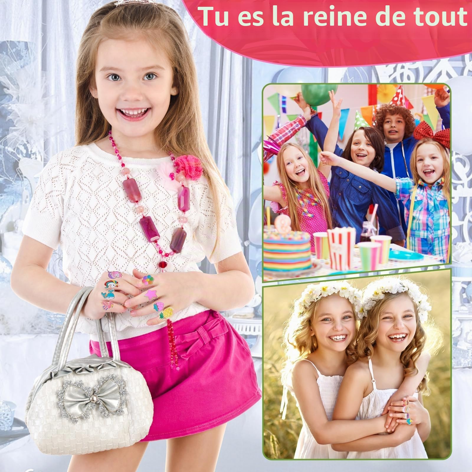 Bagues Enfant Fille Réglables en Métal Coloré, Dessin animé Motifs Aléatoires, Cadeau 4-12 Ans, Boîte Cœur Rose