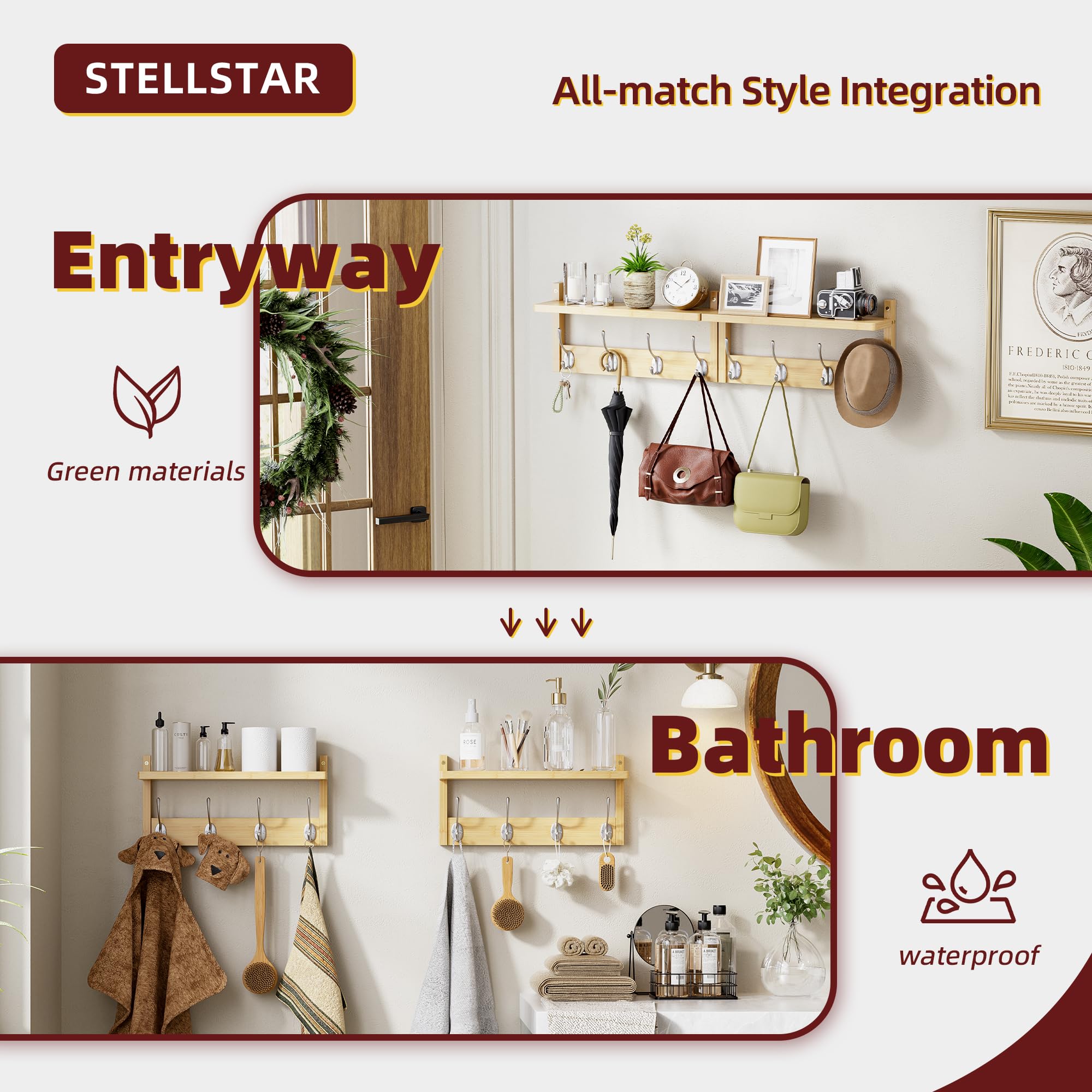 STELLSTAR Porte-Manteau Mural Avec Étagère 80 cm, 2 Paquets de Cintres Muraux en Bambou Avec 8 Crochets Pour l'entrée, le couloir, la cuisine (Naturel)
