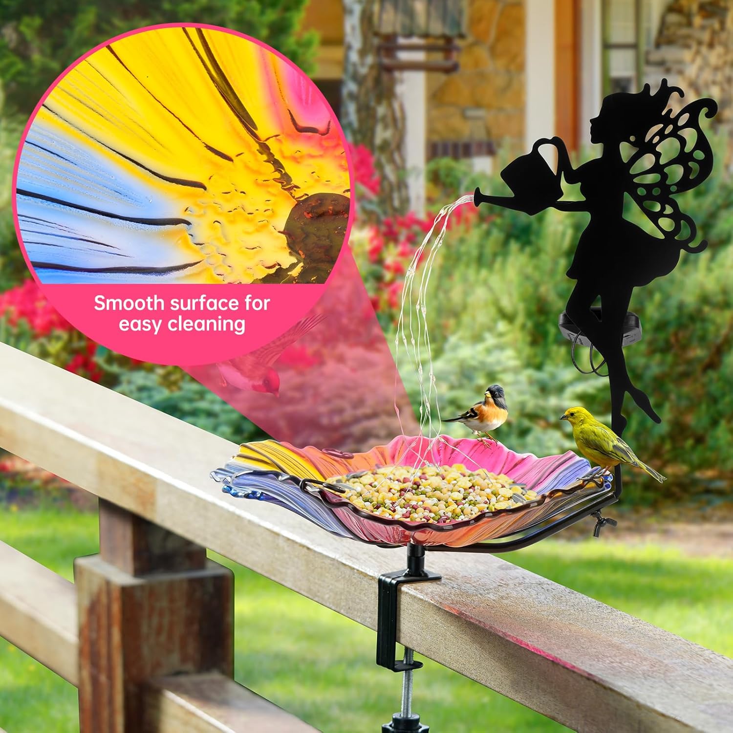 VChymm Solar Glass Colored Bird Bath，Birdbaths Deck Mounted 19.5 Inches Bird Bath 4 Inches Deck Adjustable Steel Clamp，Balcony Railing Birdbaths, Fence Clamp Detachable…