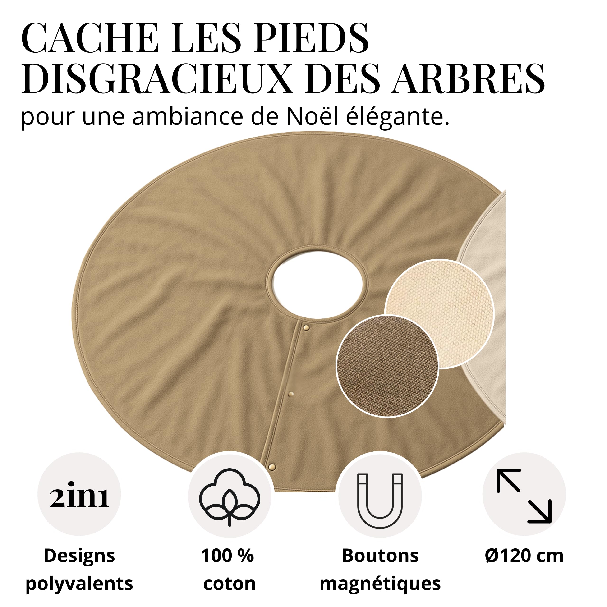 LIVLIG Jupe de Sapin Ø120 cm en Coton Beige/Brun – Tapis Rond réversible 2-en-1 avec Bord doré, Base décorative pour Pied de Sapin de Noël
