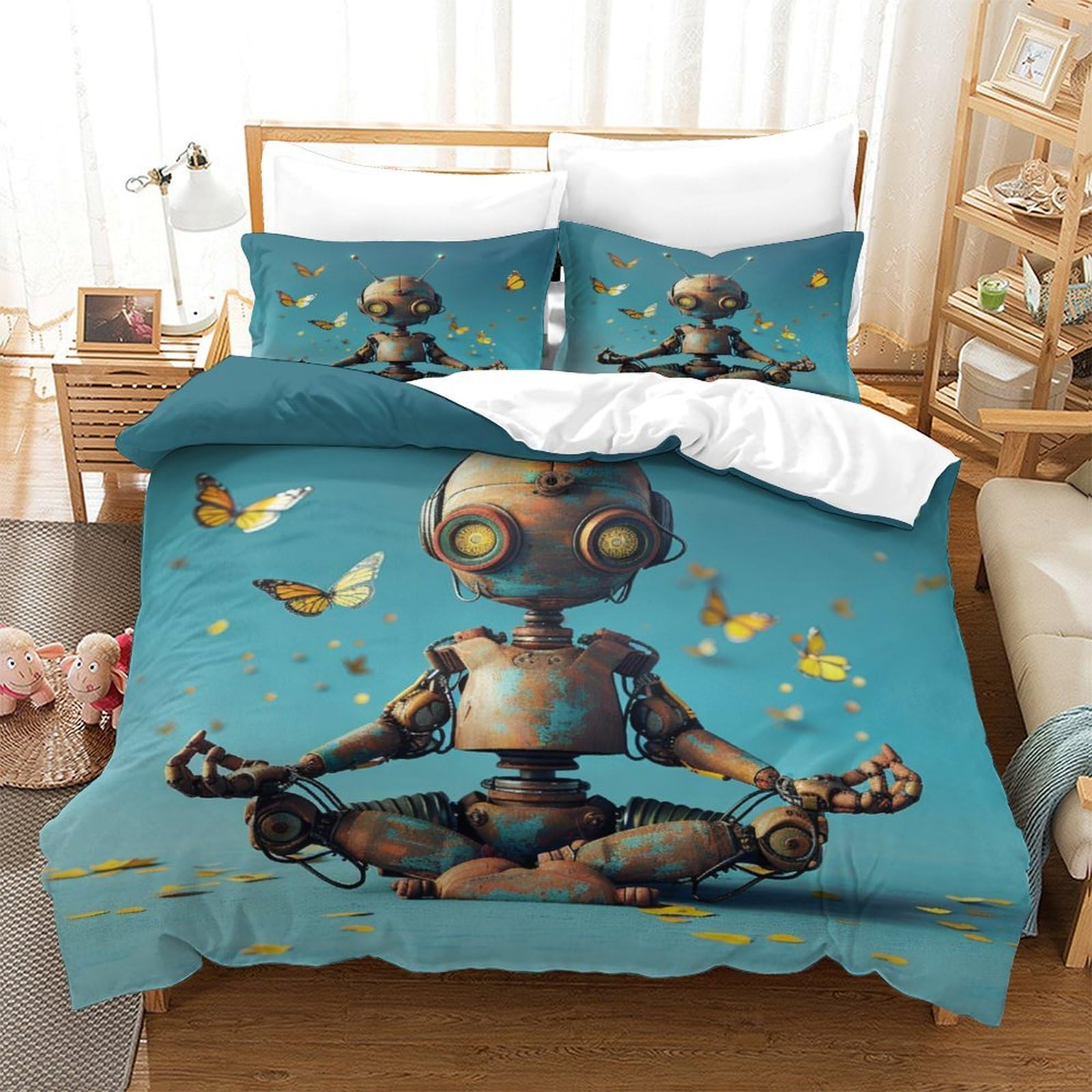P1S9U7W5Y 3D Printed Zen Robot Butterfly Duvet Cover Set 3pcs Microfiber Meditation Robot Bedding Set King（220x240cm）
