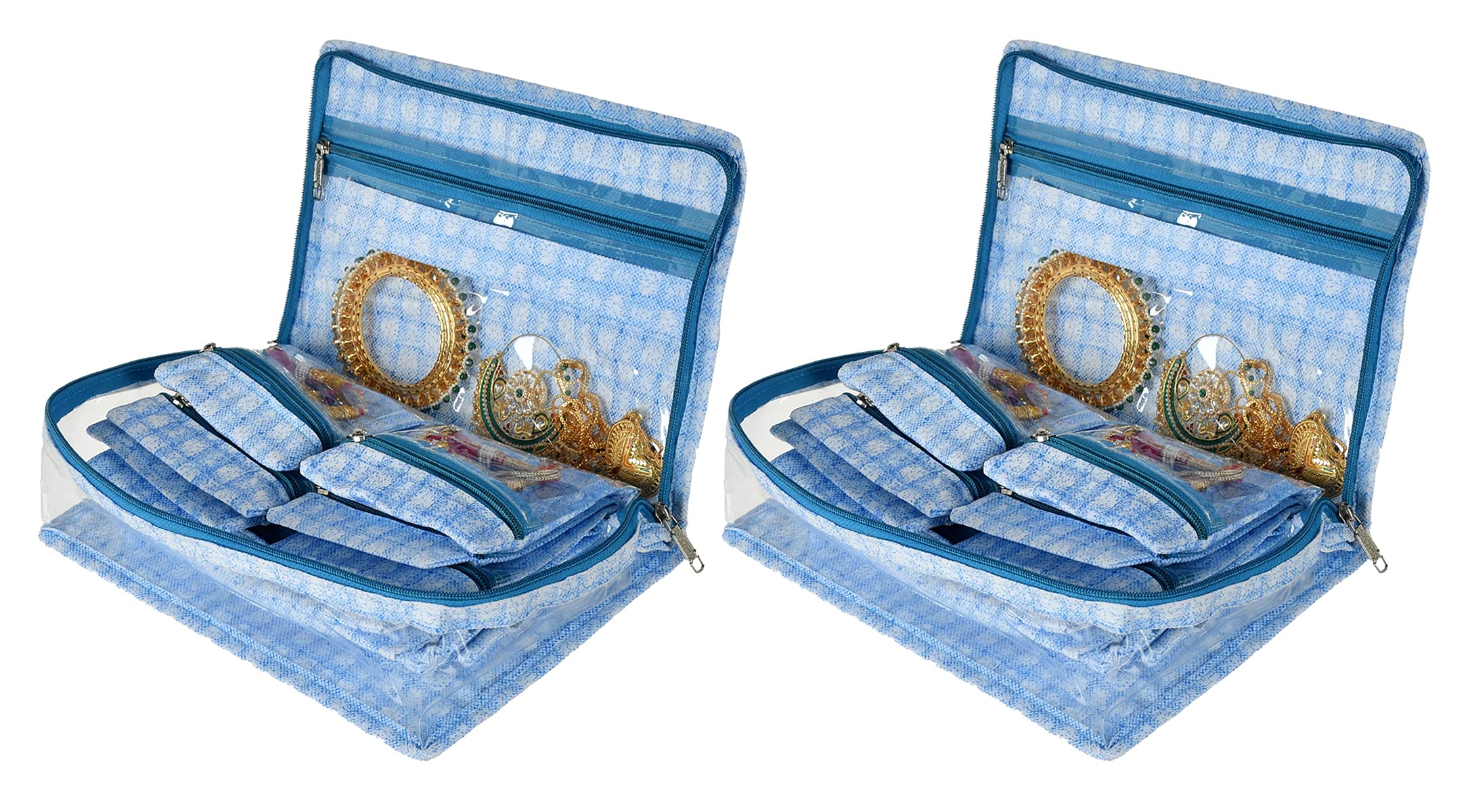 Kuber Industries Check Design Laminated PVC Multipurpose Jewellery Storage Bag/Travel Kit With 13 Tranasparent Pouches- Pack of 2 (Blue)-HS_38_KUBMART21260