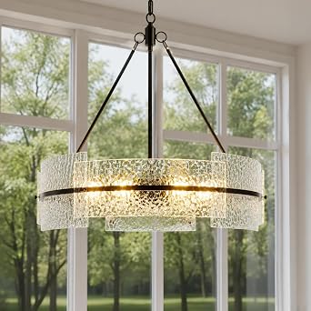 MAYNA 22.2 Inch Modern Black Glass Chandelier 5 Light Drum Chandelier