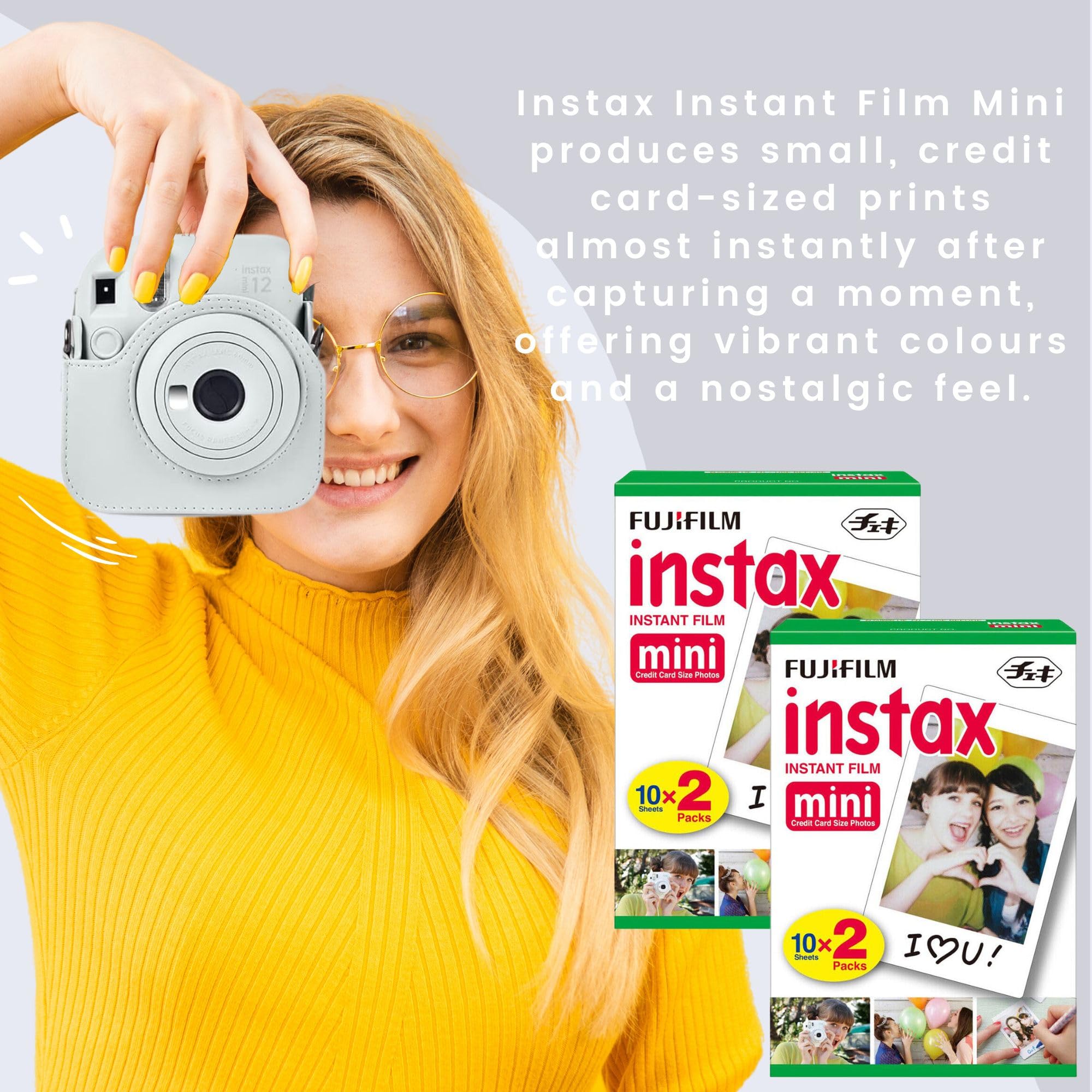 Set fotocamera istantanea con fotocamera Fujifilm Mini 12 Clay White, mini pellicola Fujifilm 40 Shot, custodia Clikoze Mini 12, mini album book, adesivi per pellicola, filtri colorati e
