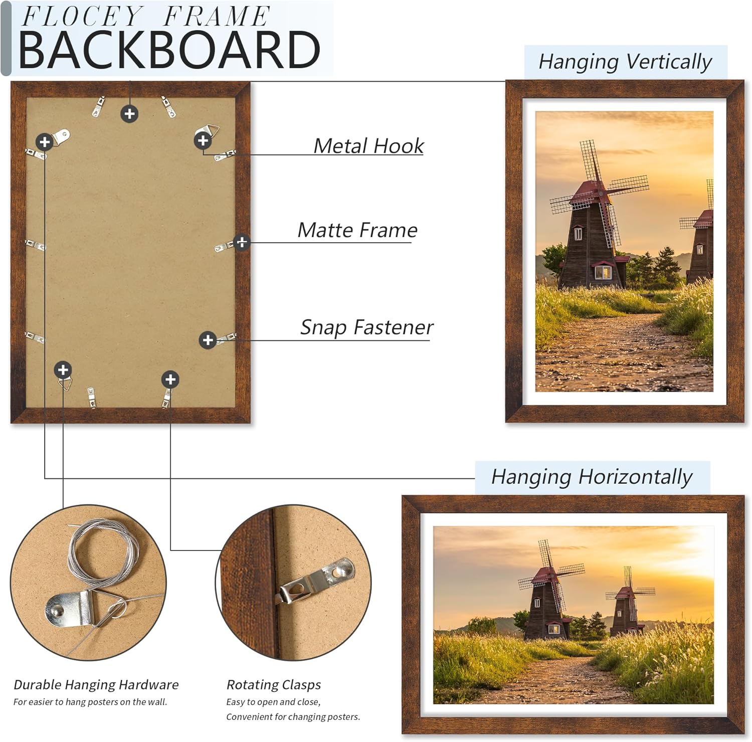 12x18 Picture Frame Set of 5, Rustic Brown Poster Frame, Display Pictures 11 x 17 with Mat or 12 x 18 Without Mat for Horizontal or Vertical Wall Mounting, Wall Gallery Frame