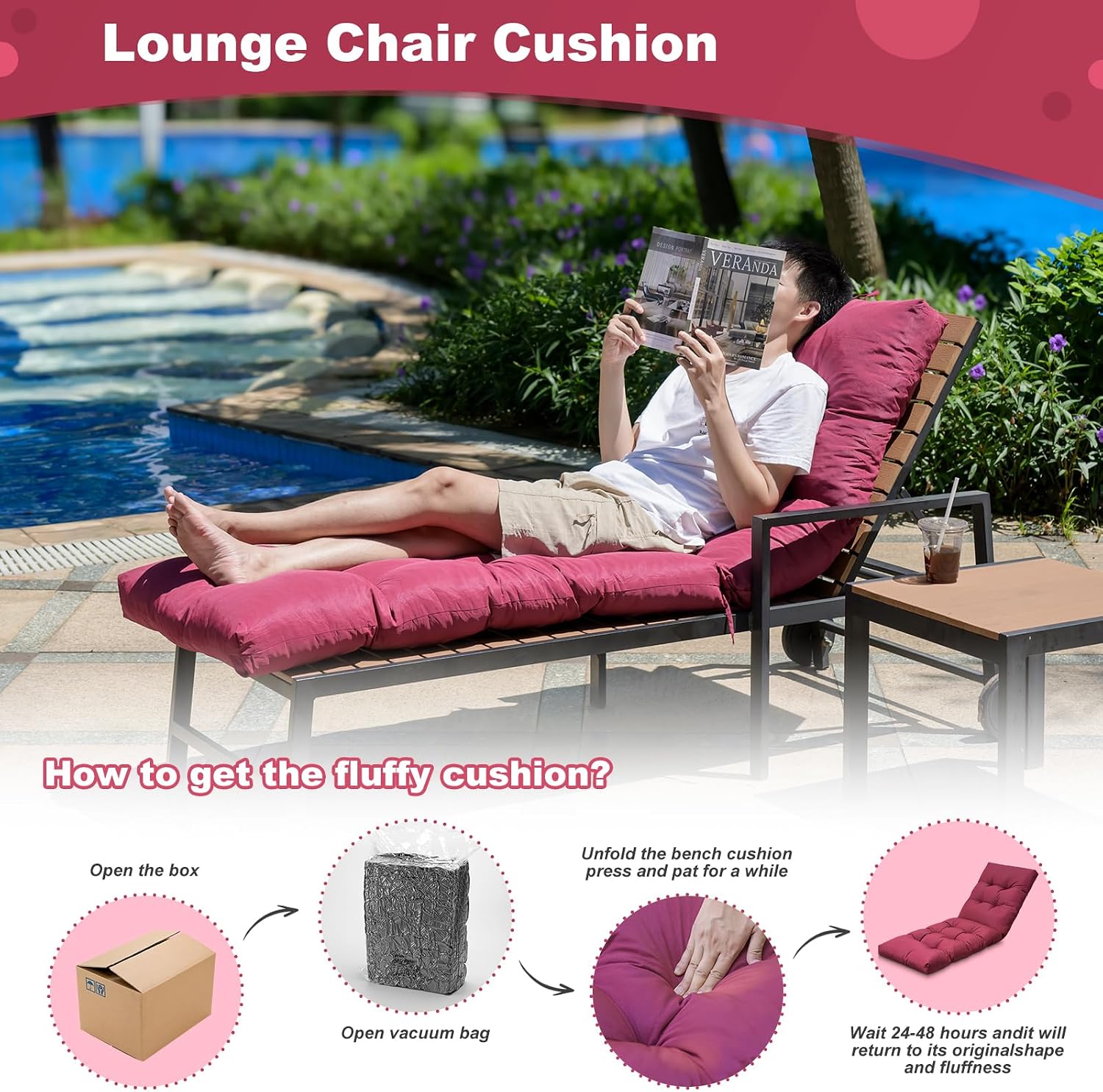Outdoor Lounge Chair Cushions, 74.4 x 22 x 4.7 Inches Waterproof Fade Resistant Patio Cushion for Chaise Lounger
