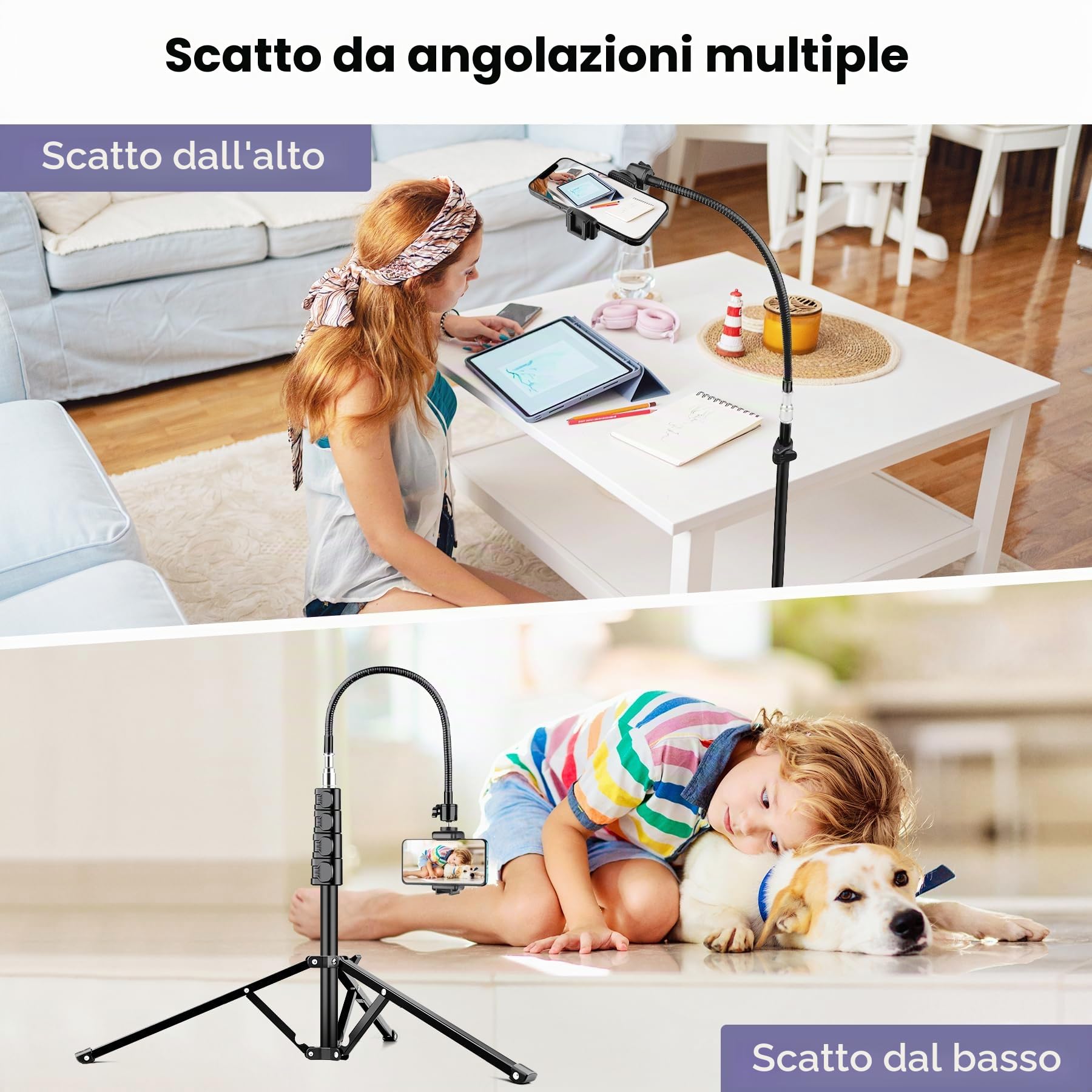 Victiv 224cm Treppiede Smartphone, Cavalletto per Smartphone con 35cm Collo D'oca & Telecomando, Tre Piedi per Telefono, Alluminio Treppiede Fotocamera Treppiedi per iPhone 17/16/15/14/13/12 Pro Max
