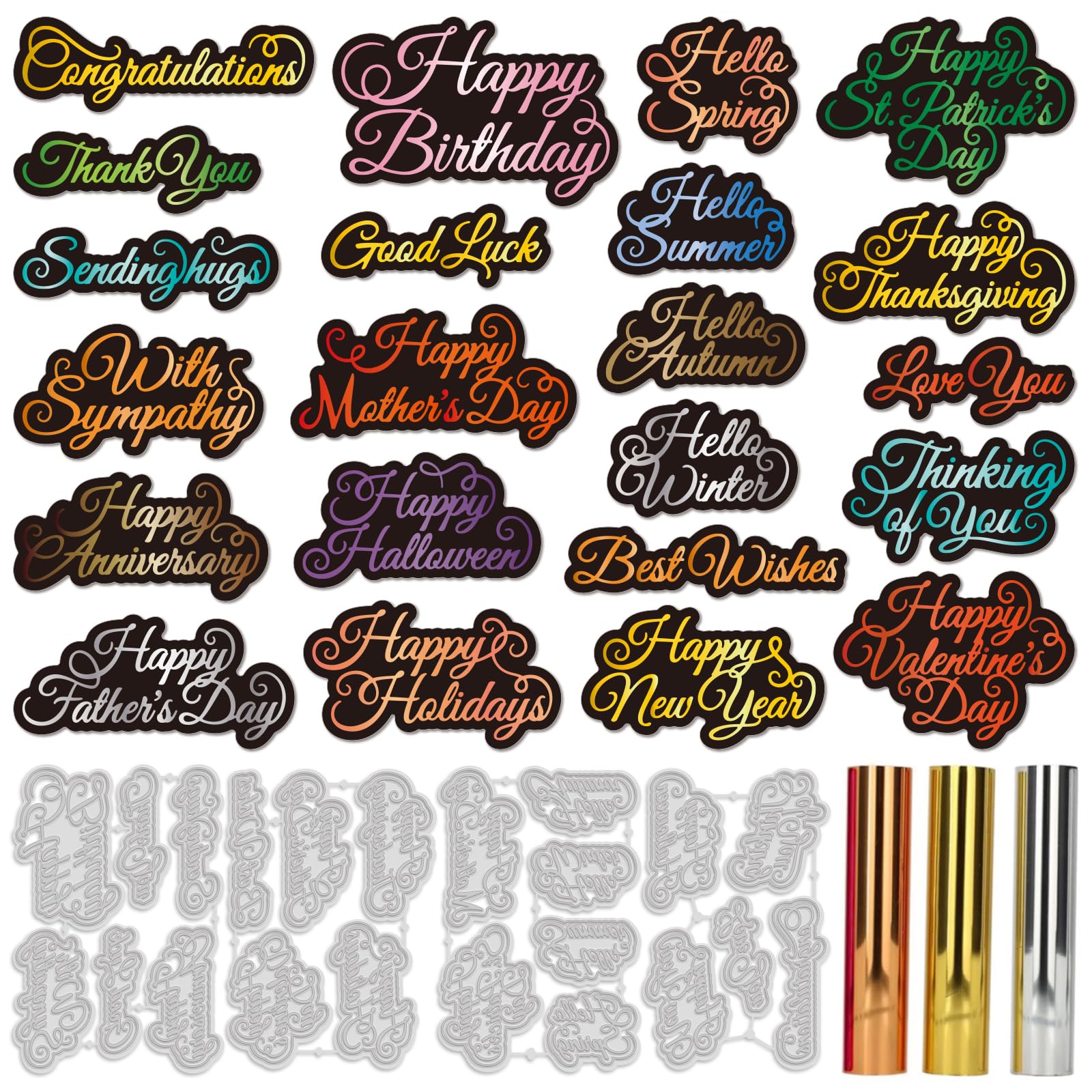 GLOBLELAND 22 Pcs Greetings Hot Foil Plate Cut Dies & 3 Rolls Foil Papers