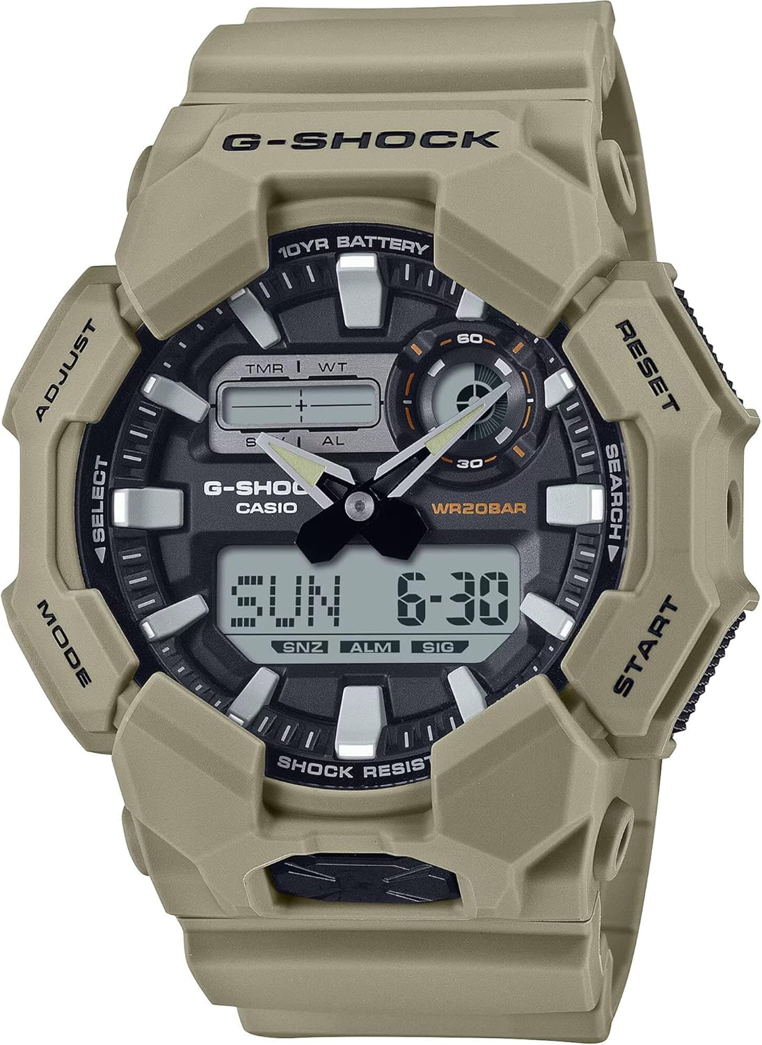 カシオ G-Shock アナログ-デジタルベージュ樹脂腕時計 10年バッテリー GA010-5A, タン, モダン
