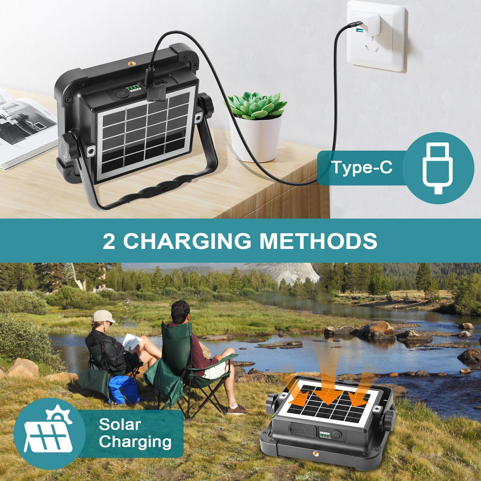 ERAY Foco LED Recargable 6000mAh Batería - 174 LEDs, 4 Modos, IP66, Panel Solar, Banco de Energía, Portátil Luz de Trabajo para Camping, Emergencia, Trabajo, Pesca