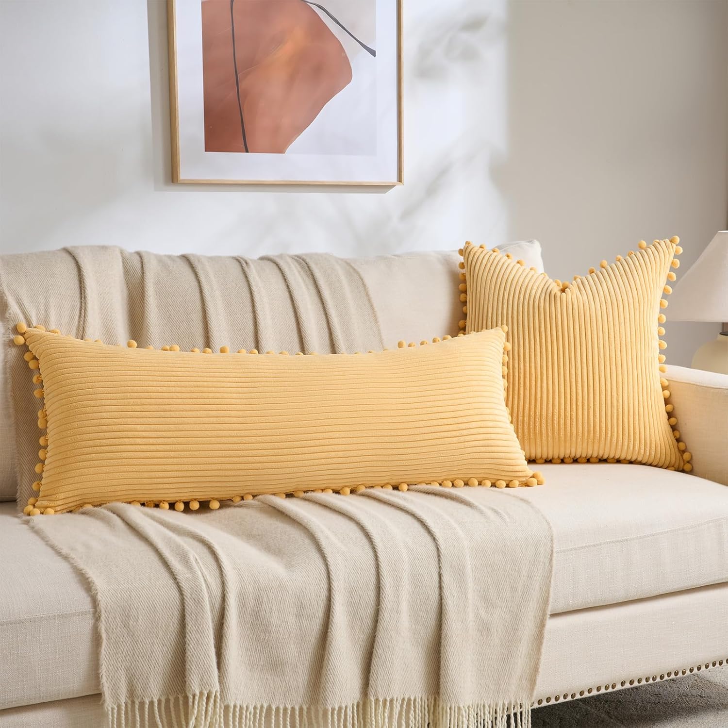 Fancy Homi 1 Pack Yellow Long Lumbar Body Decorative Throw Pillow Covers 14x36 Inch with Pom-poms for Couch Sofa Bed, Farmhouse Boho Rustic Decor, Soft Corduroy Rectangle Solid Pillow Case 35x91 cm
