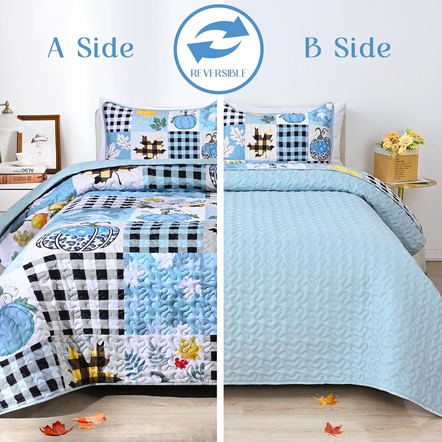 ASPMIZ Fall Queen Quilt Bedding Set, Thanksgiving Quilts Queen Size Washable, Pumpkin Leaves Bedspread Reversible, Soft Blue Plaid Quilts with 2 Pillowcases, Fall Decorations for Home, 90"x90"