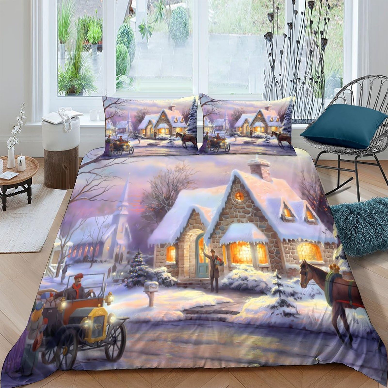Ctjqhvkz Style-1 3D Printed Winter Cottage Fitted Sheet Microfiber Anti-Slip Snowy Horse Scene Mattress Cover For Bedroom Guest Room Decor Single（135X200cm）