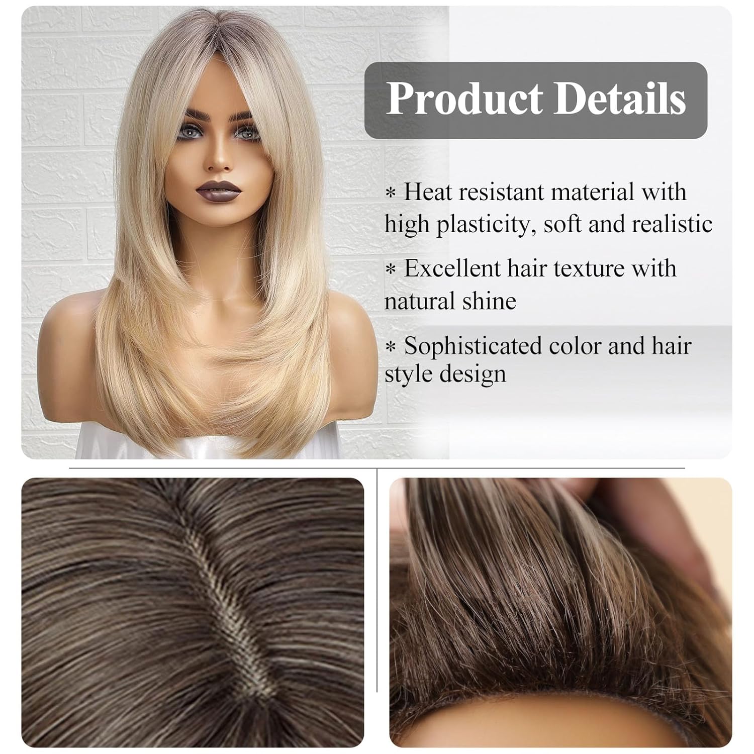 Ombre Blonde Wigs Human Hair with Bangs for Women, Shoulder Length, Ash Blonde with Dark Roots, Layered Real Hair Blend Synthetic Wig for Daily Party, Heat Resistant (Ombre Blonde,22inch)