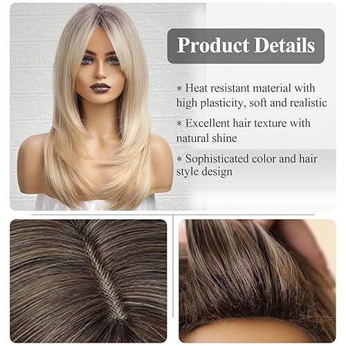 Miniatura 4 de HAIRCUBE Pelucas rubias degradadas con flequillo, longitud al hombro, peluca rubia ceniza para mujer, pelucas en capas, raíces oscuras, pelucas