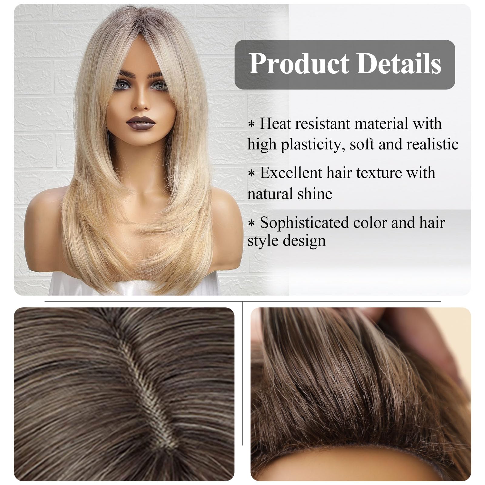 Human hair blend ombre blonde wig with bang. SULMY Ombre Blonde Brown Human Hair Wigs with Bangs for  main image 2