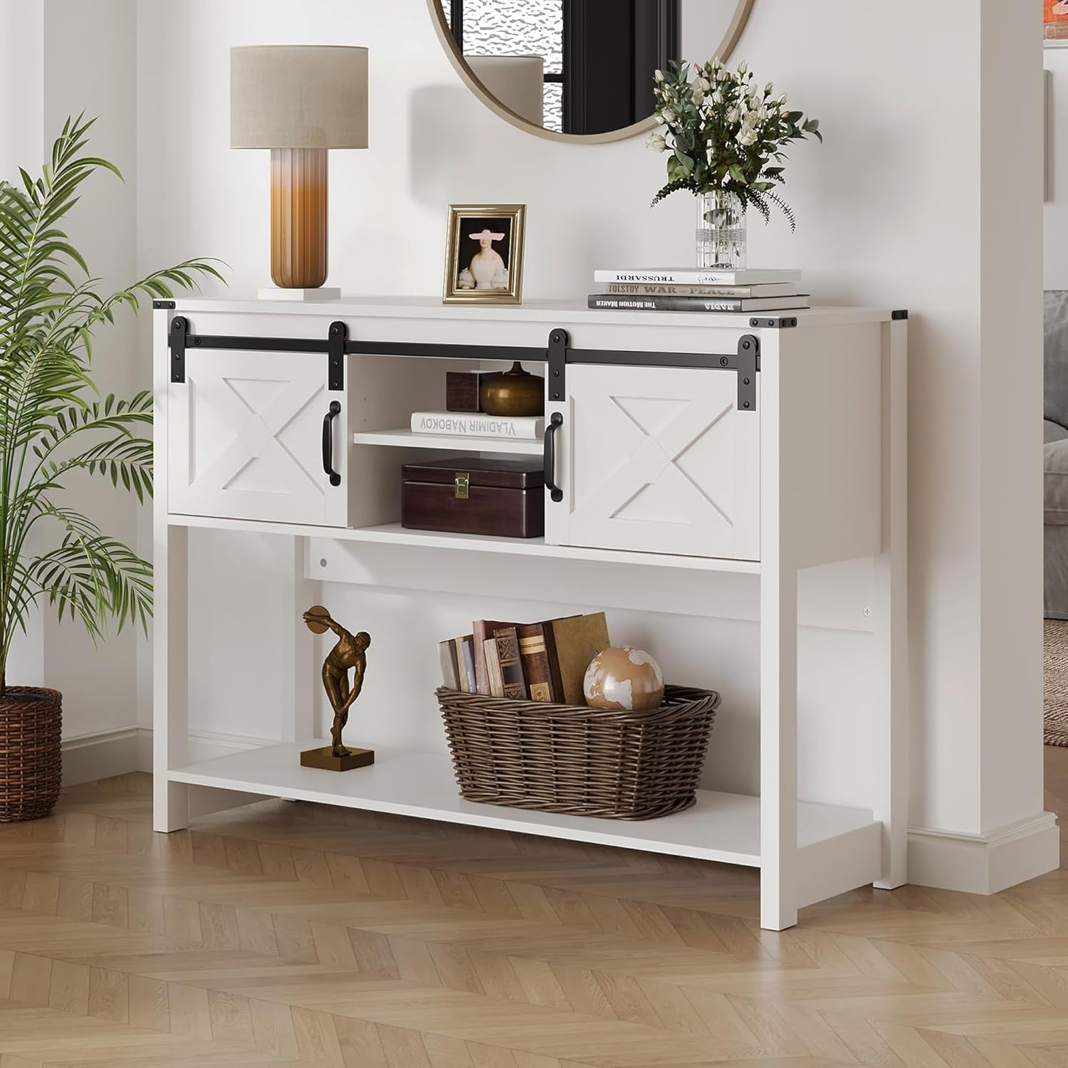 Console Table with Storage Shelf & Sliding Barn Door, Farmhouse Entryway Table with Storage, 46" Narrow Long Sofa, Behind Couch, Console Tables for Living Room (White)
