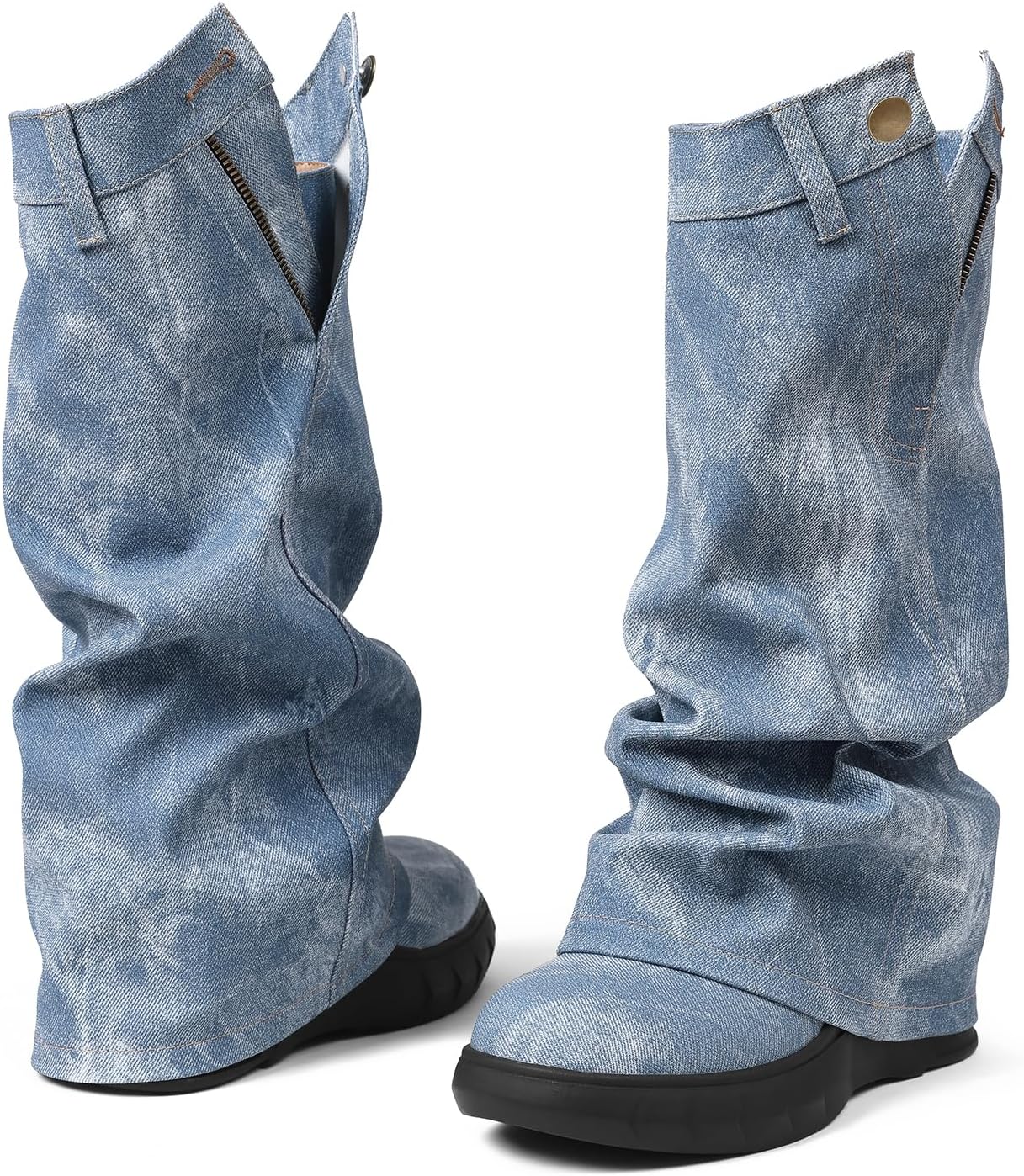 Kalstage Womens Denim Mid Calf Boots Fold Over Slouchy Platform Wedge Booties Vintage Y2k Shark Blue Jean Boots