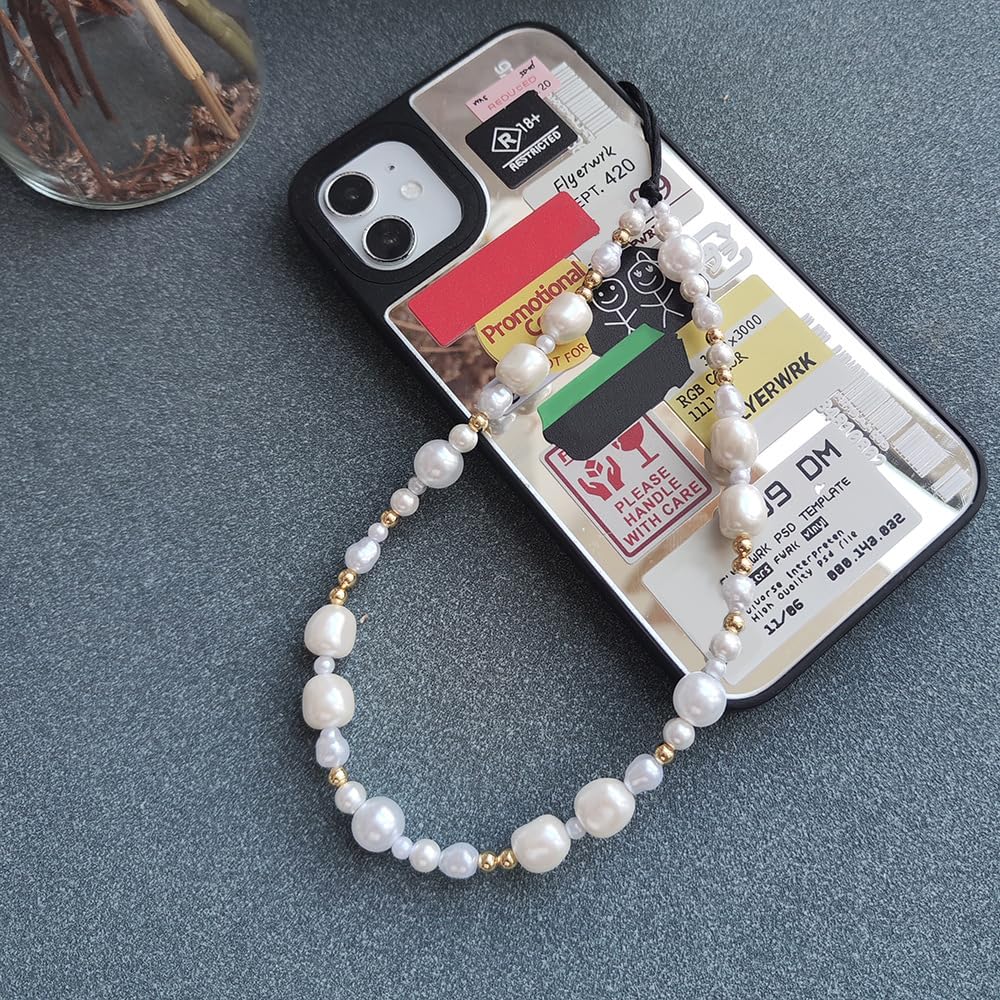 WCCH Beaded Phone Charm Y2K Kawaii Handmade Acrylic Phone Lanyard Wrist Strap for Camera Bag Airpods Keychain Charm Gold and White Pearls — view 2