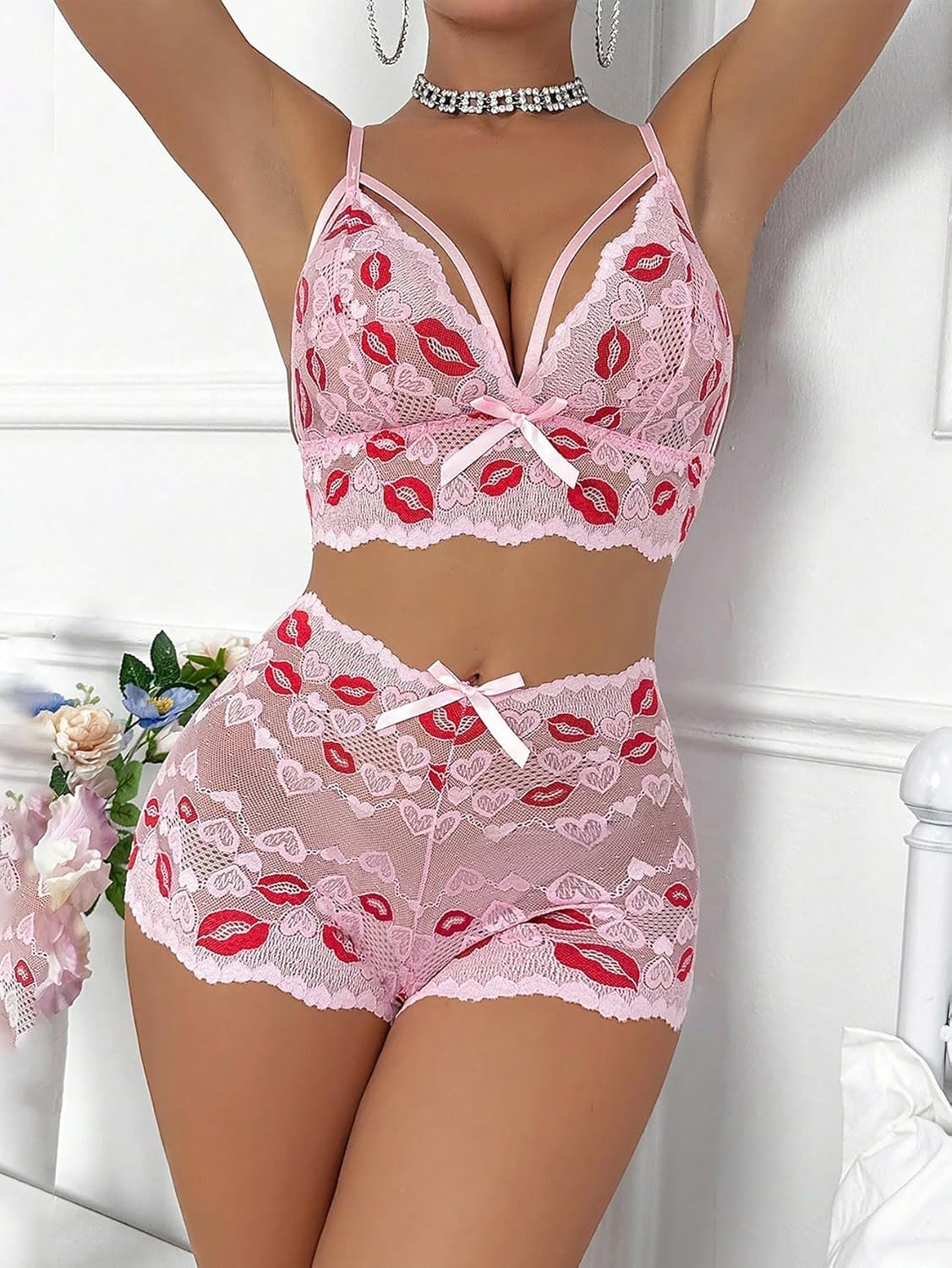 Sexy High Waist Strappy Floral Lace Mesh Sheer Lingerie Set 2 Piece - Image 3